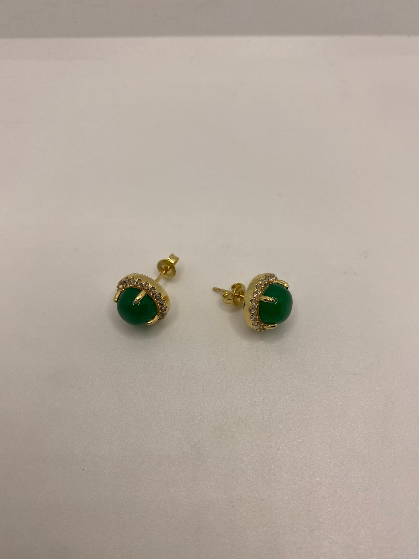 Vintage Fun Green Jade Gemstone Gold Rhodium Bronze Stud Earrings