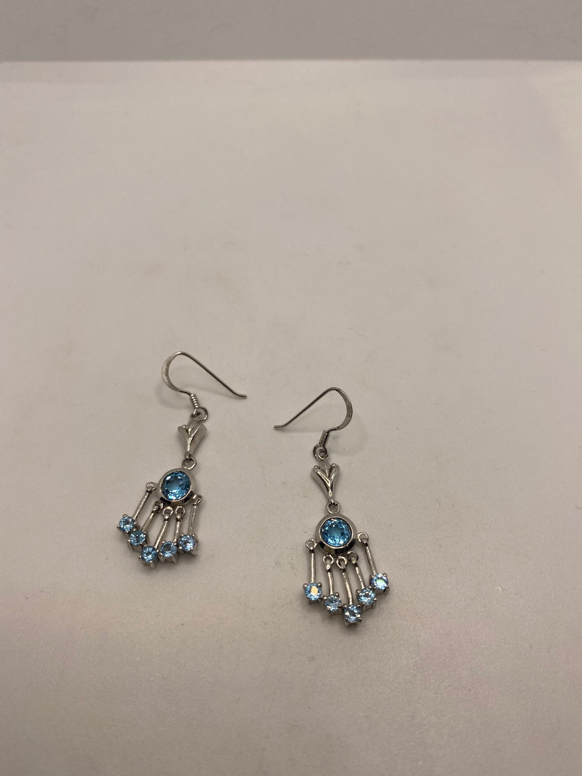 Vintage Blue Topaz Gemstone Filigree 925 Sterling Silver Earrings