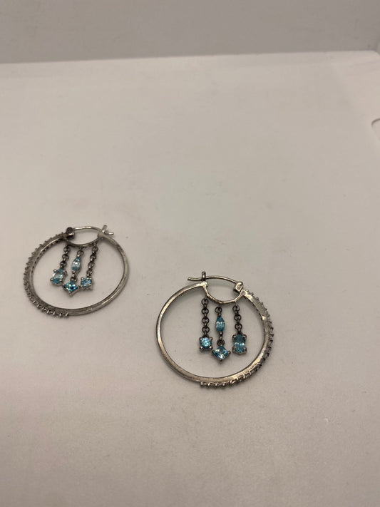 Vintage Blue Topaz Gemstone Filigree 925 Sterling Silver Hoop Earrings