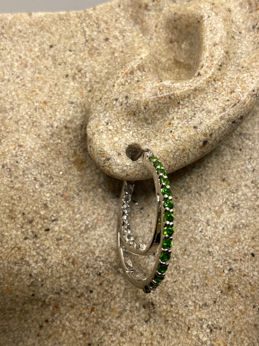 Vintage Handmade 925 Sterling Silver Chrome Diopside Hoop Earrings