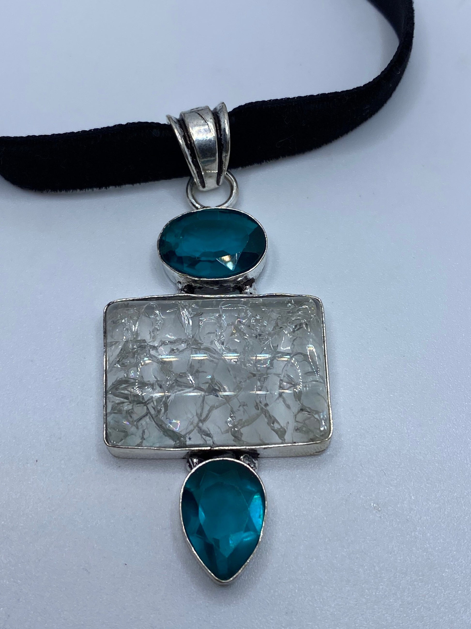 Vintage Clear Crackled Aqua Glass Antique Velvet Choker Necklace