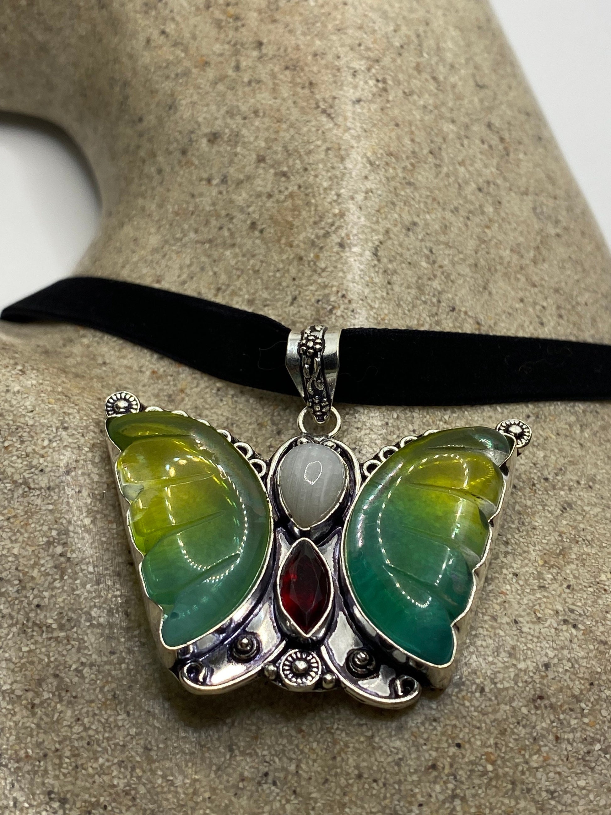Vintage Green Chalcedony Butterfly Choker Necklace