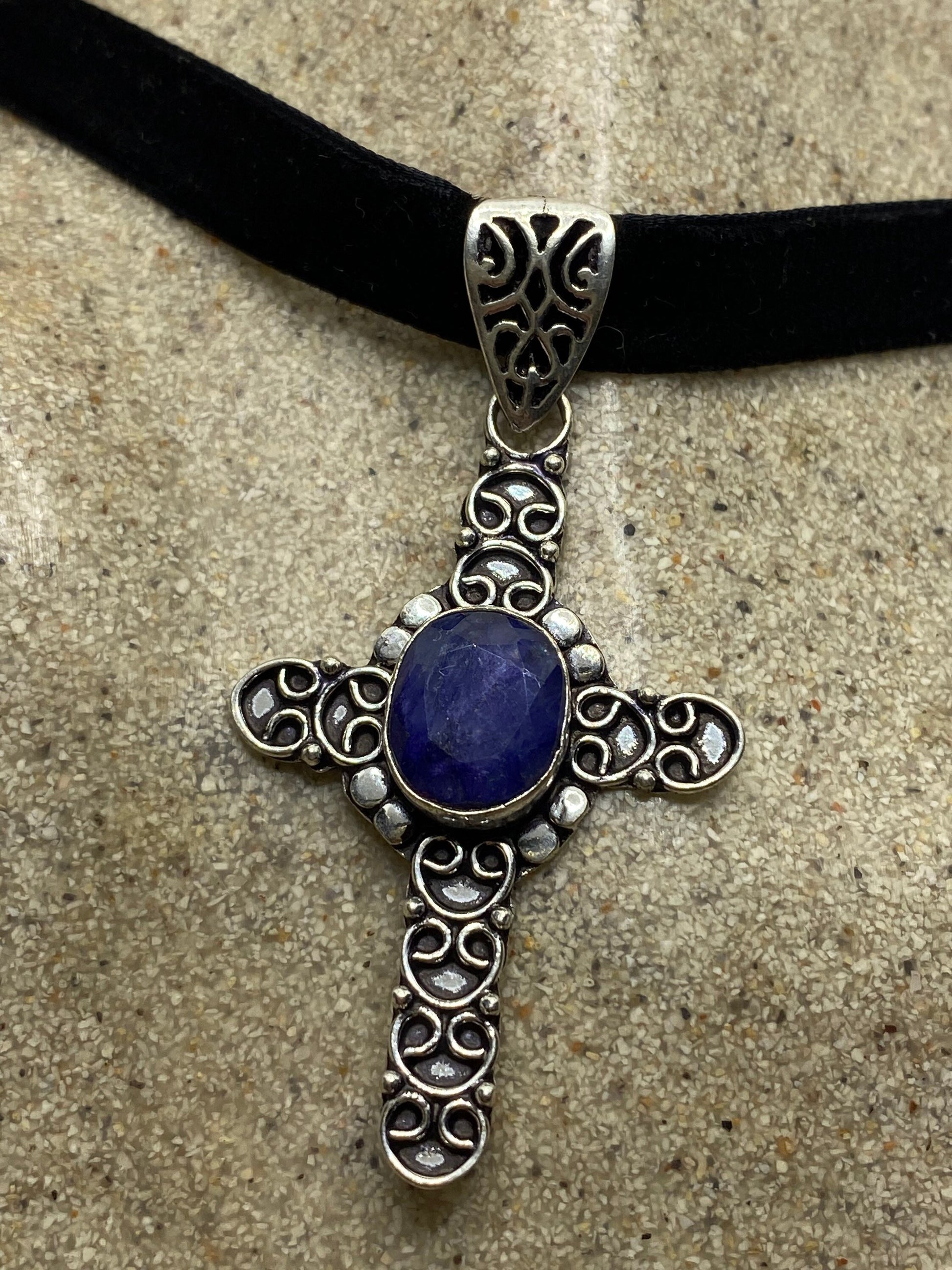 Vintage Raw Blue Sapphire Cross Choker Pendant