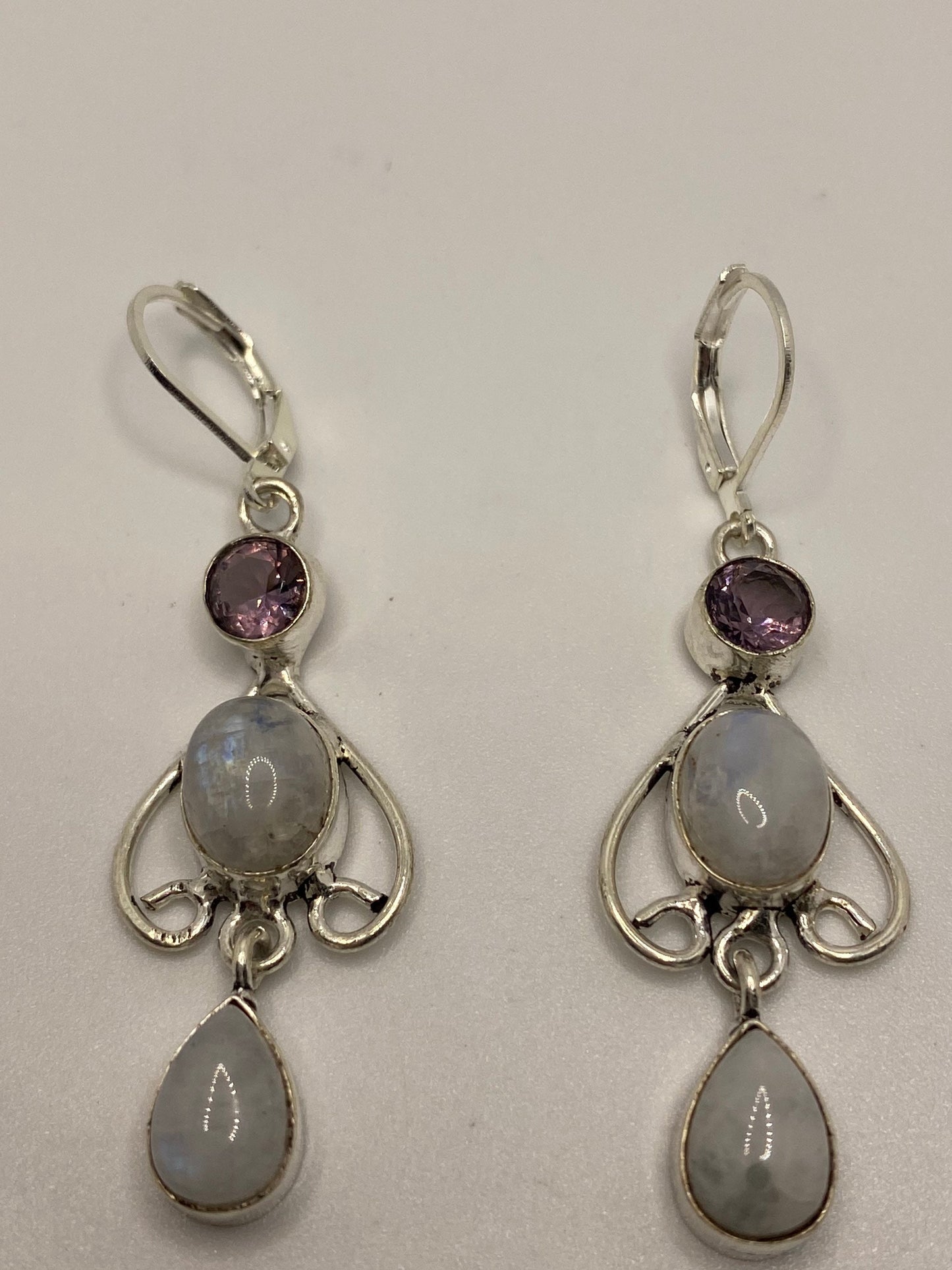 Vintage Rainbow Moonstone Sterling Silver Lever Back Dangle Earrings