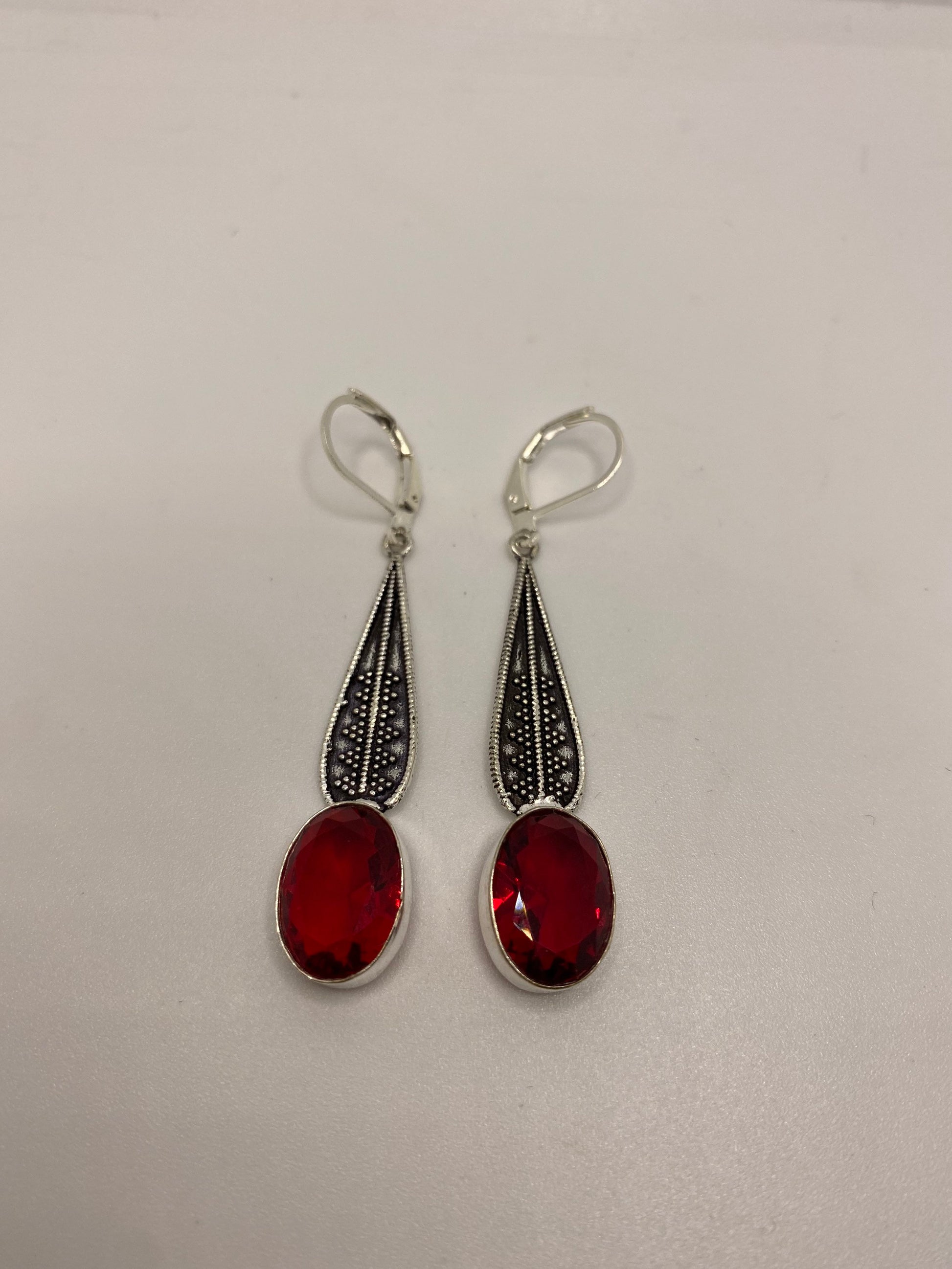 Antique Vintage Red Ruby Glass Silver Dangle Earrings