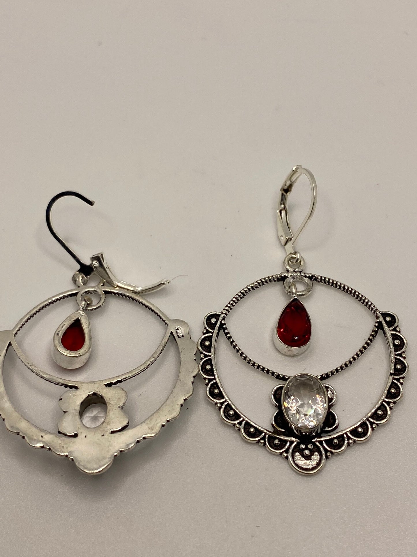 Antique Vintage Red Ruby Glass Silver Dangle Earrings