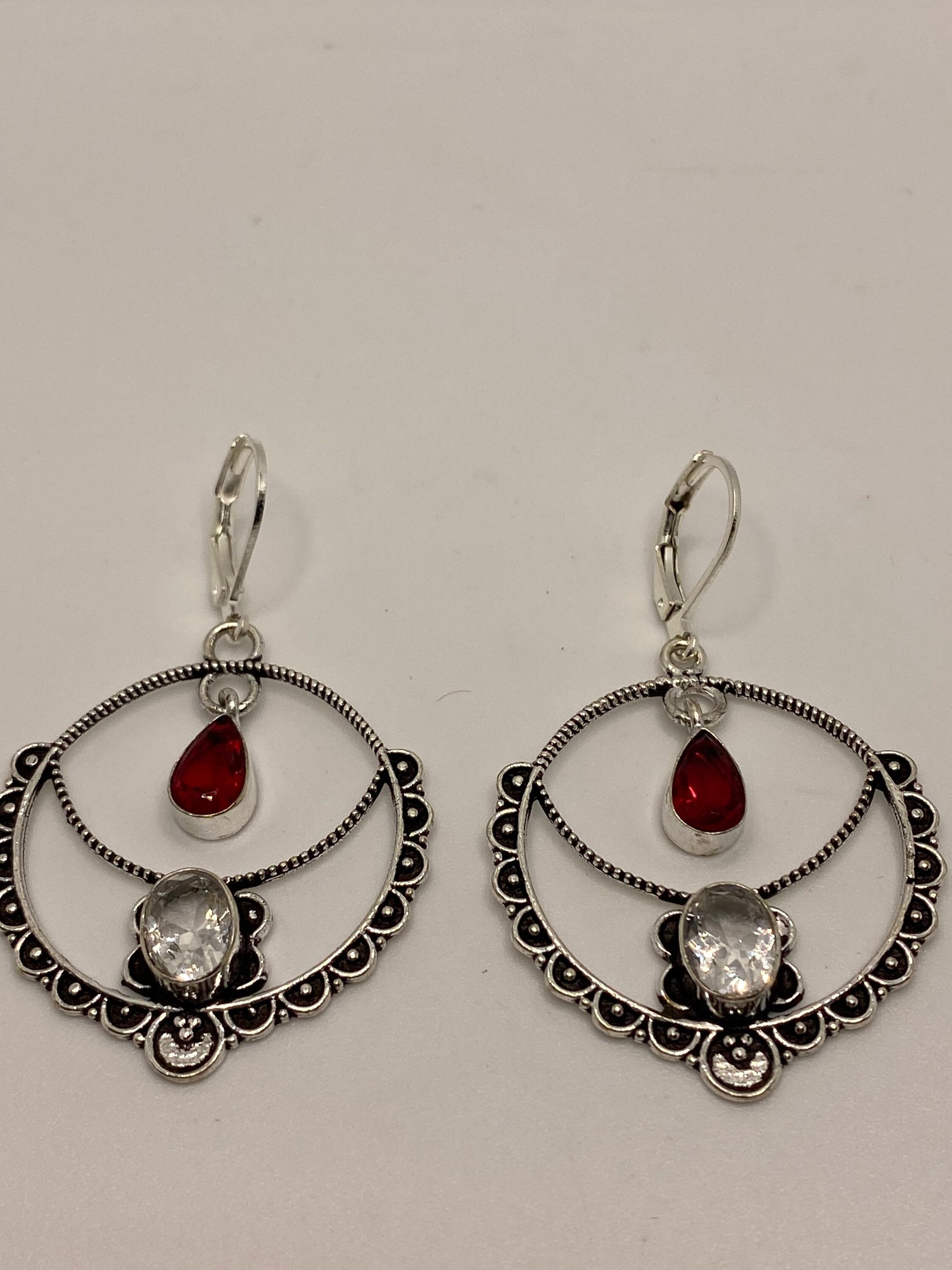 Antique Vintage Red Ruby Glass Silver Dangle Earrings