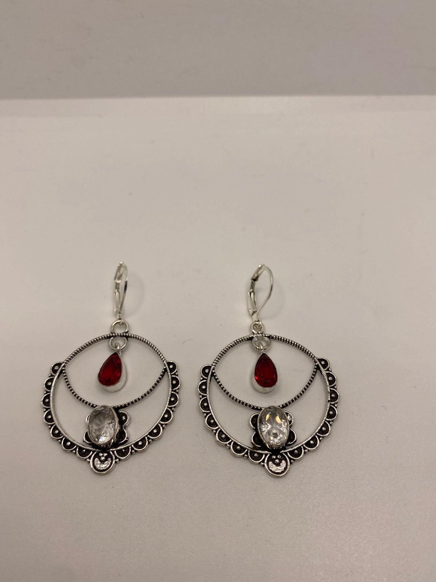 Antique Vintage Red Ruby Glass Silver Dangle Earrings