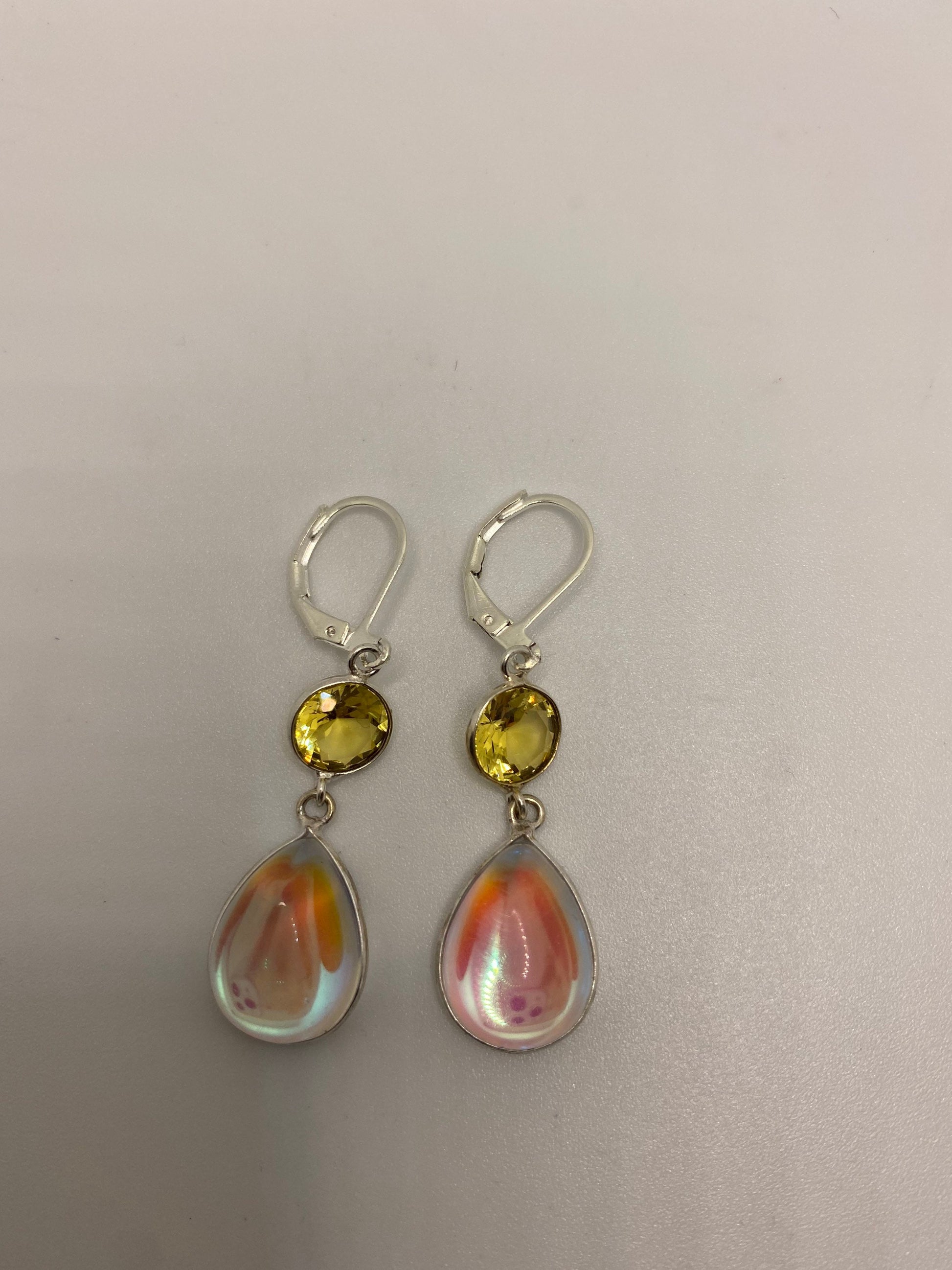 Antique Vintage White Opal Glass Citrine Silver Dangle Earrings