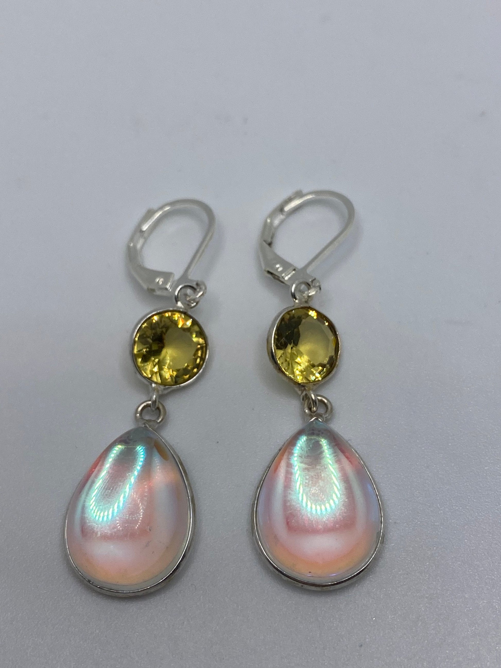 Antique Vintage White Opal Glass Citrine Silver Dangle Earrings