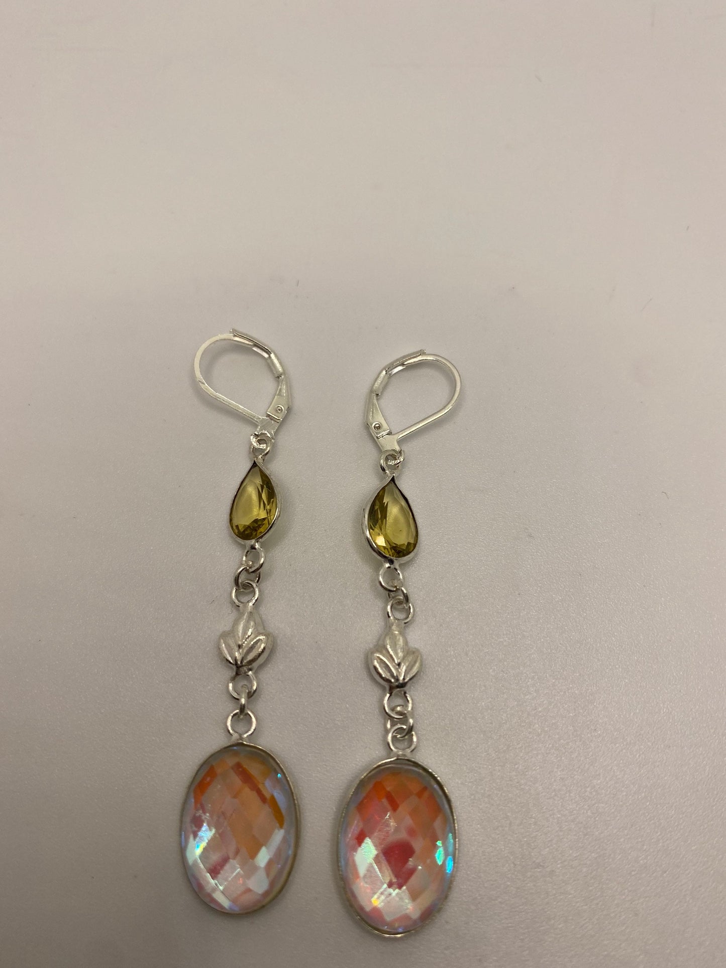 Antique Vintage White Opal Glass Citrine Silver Dangle Earrings