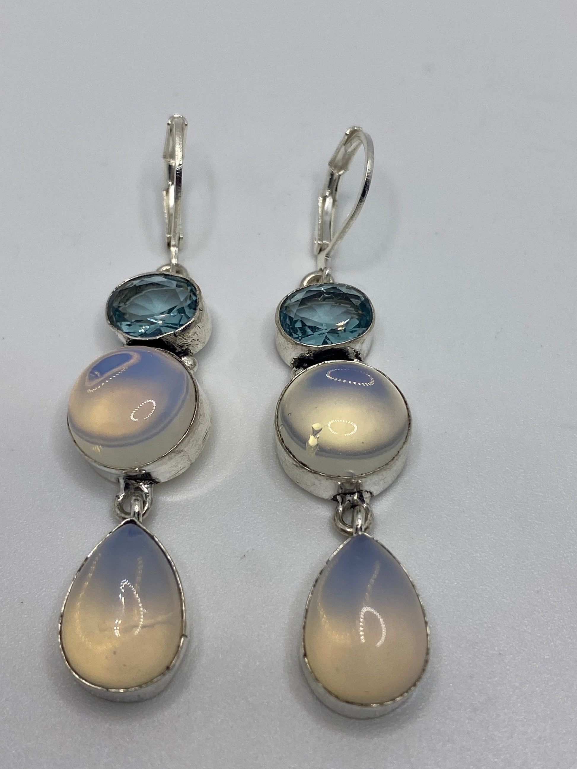 Antique Vintage Blue White Opal Glass Silver Dangle Earrings