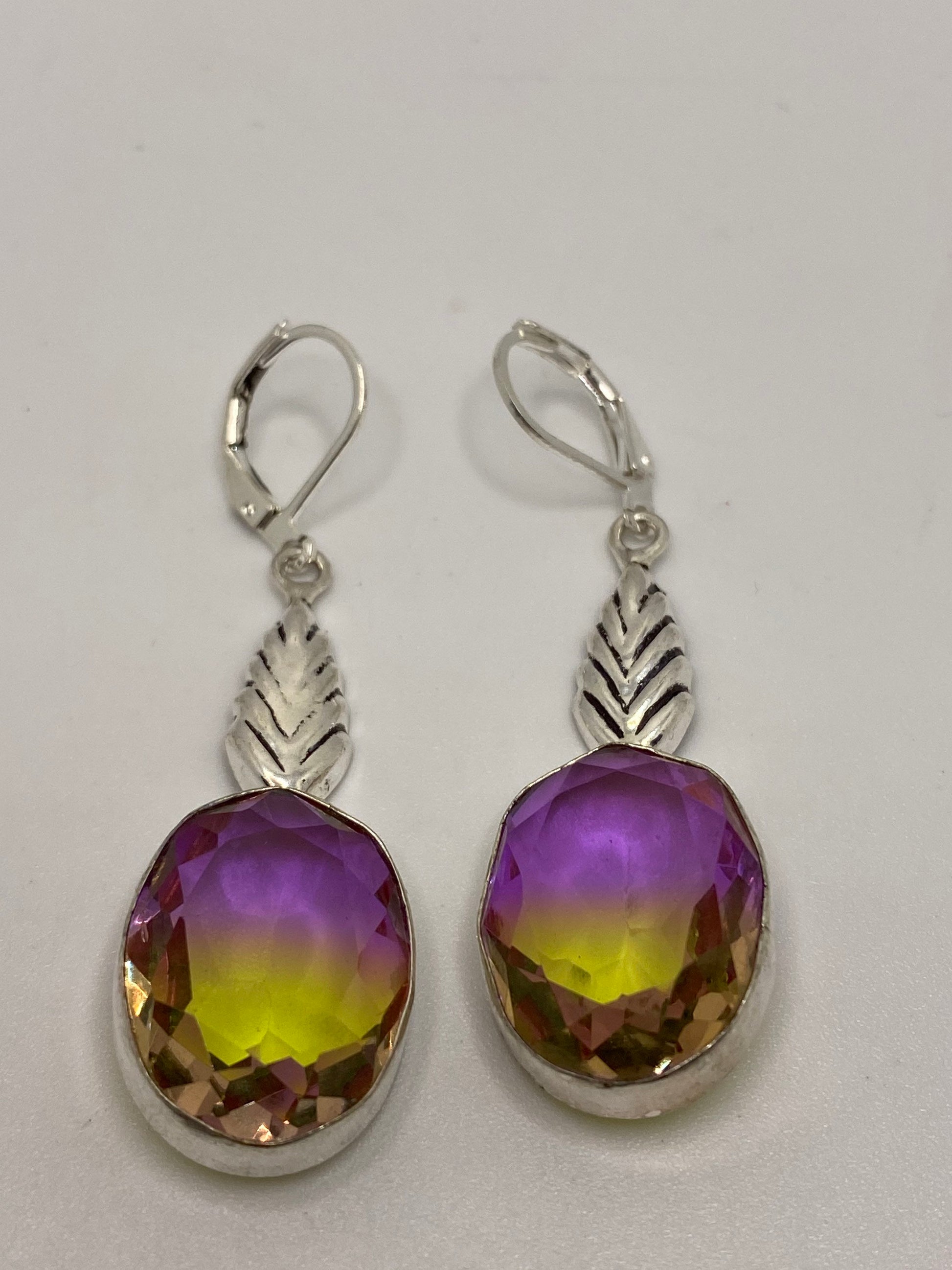 Antique Vintage Purple Volcanic Glass Silver Dangle Earrings