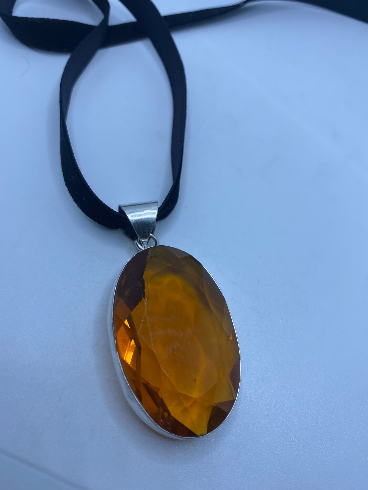 Vintage Amber Glass Antique Black Velvet Ribbon Choker Necklace