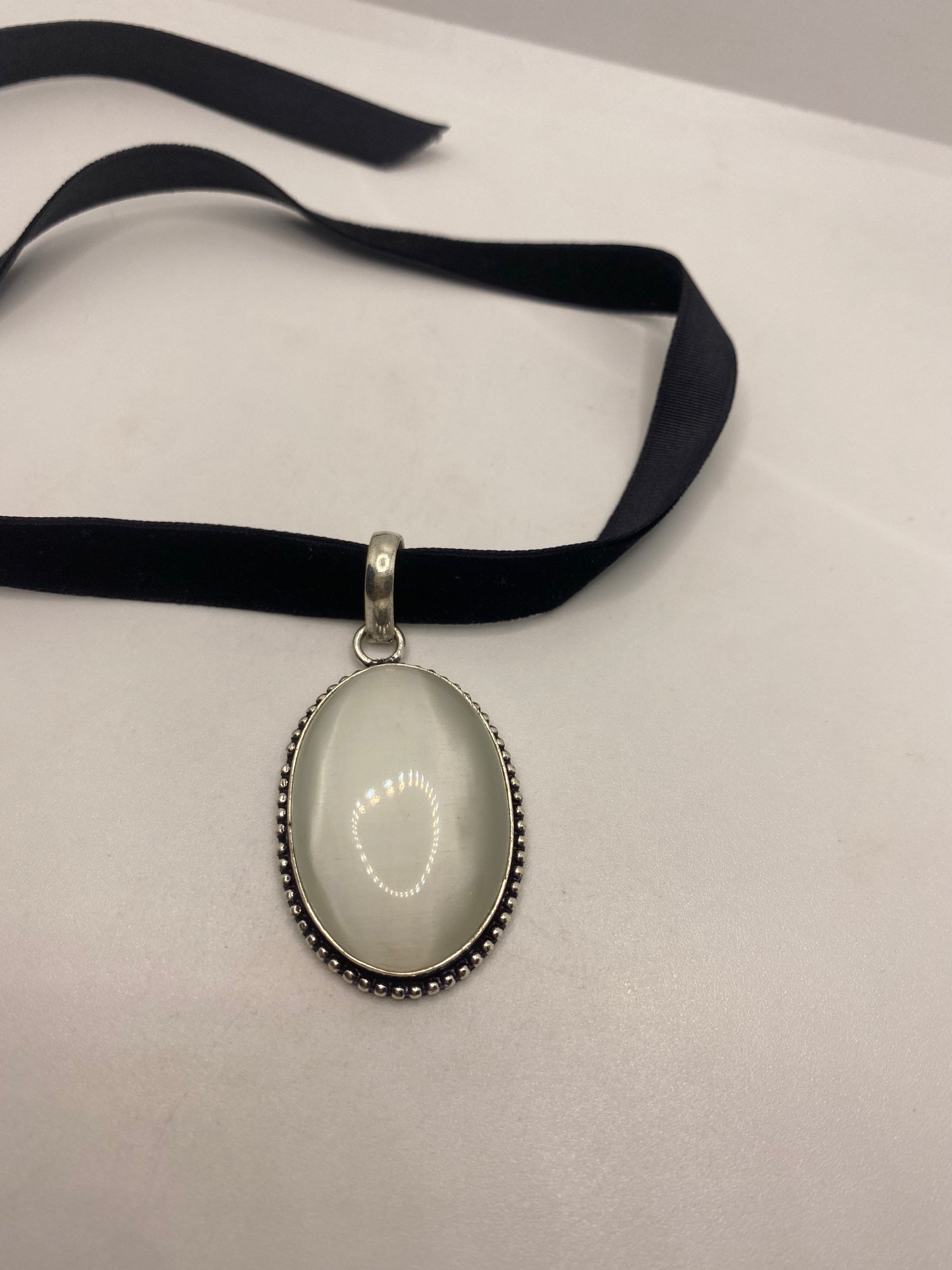 Vintage White Cats Eye Glass Antique Black Velvet Ribbon Choker Necklace