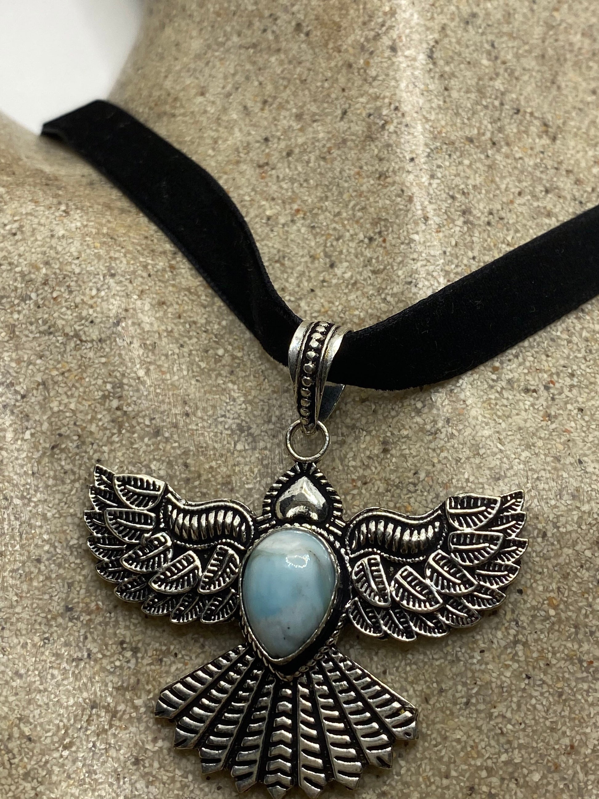 Vintage Blue Larimar Black Velvet Ribbon Choker Necklace
