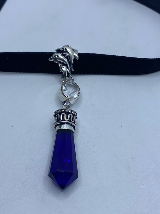 Vintage Colbolt Blue Glass Antique Black Velvet Ribbon Choker Necklace