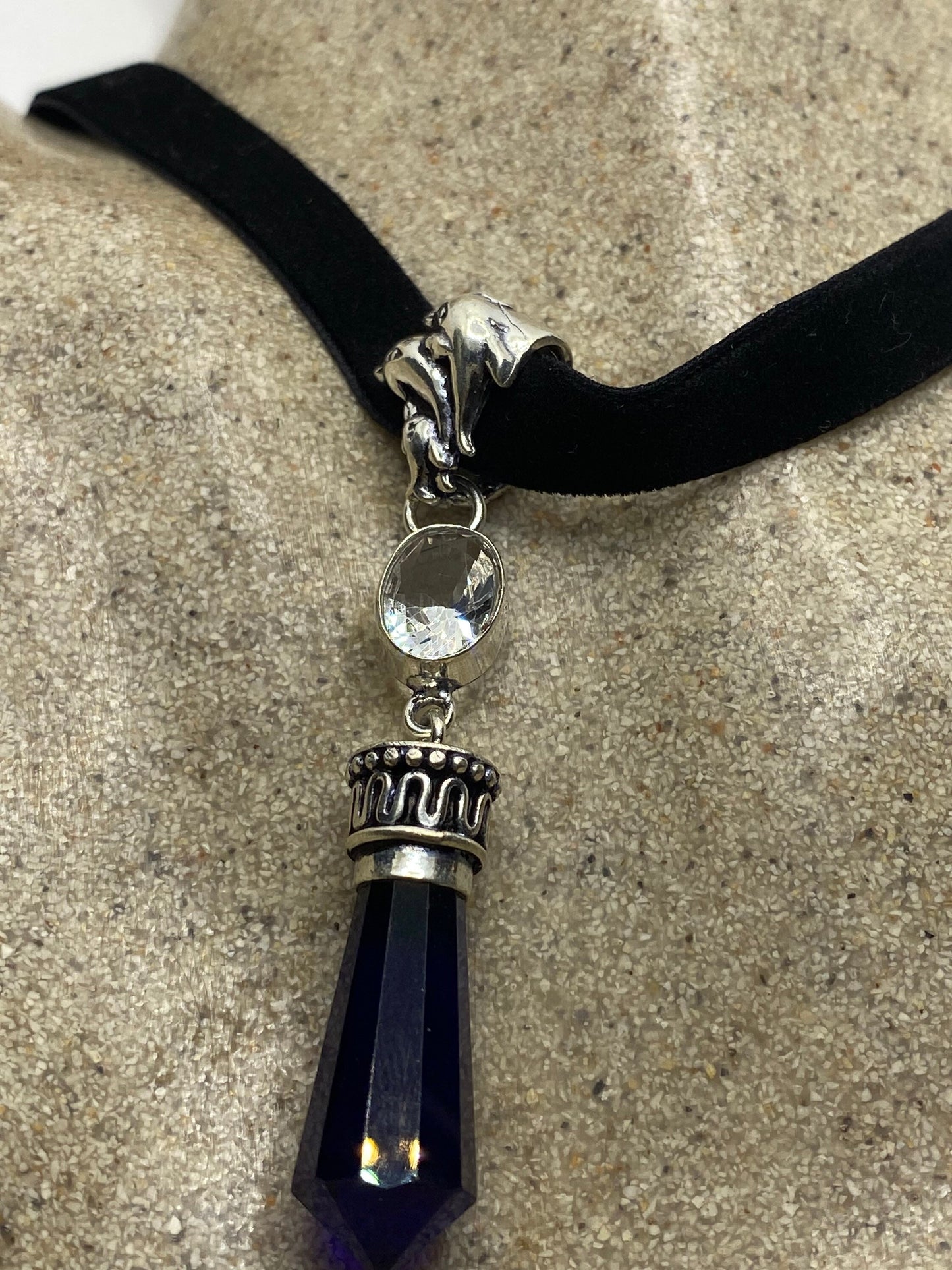 Vintage Colbolt Blue Glass Antique Black Velvet Ribbon Choker Necklace