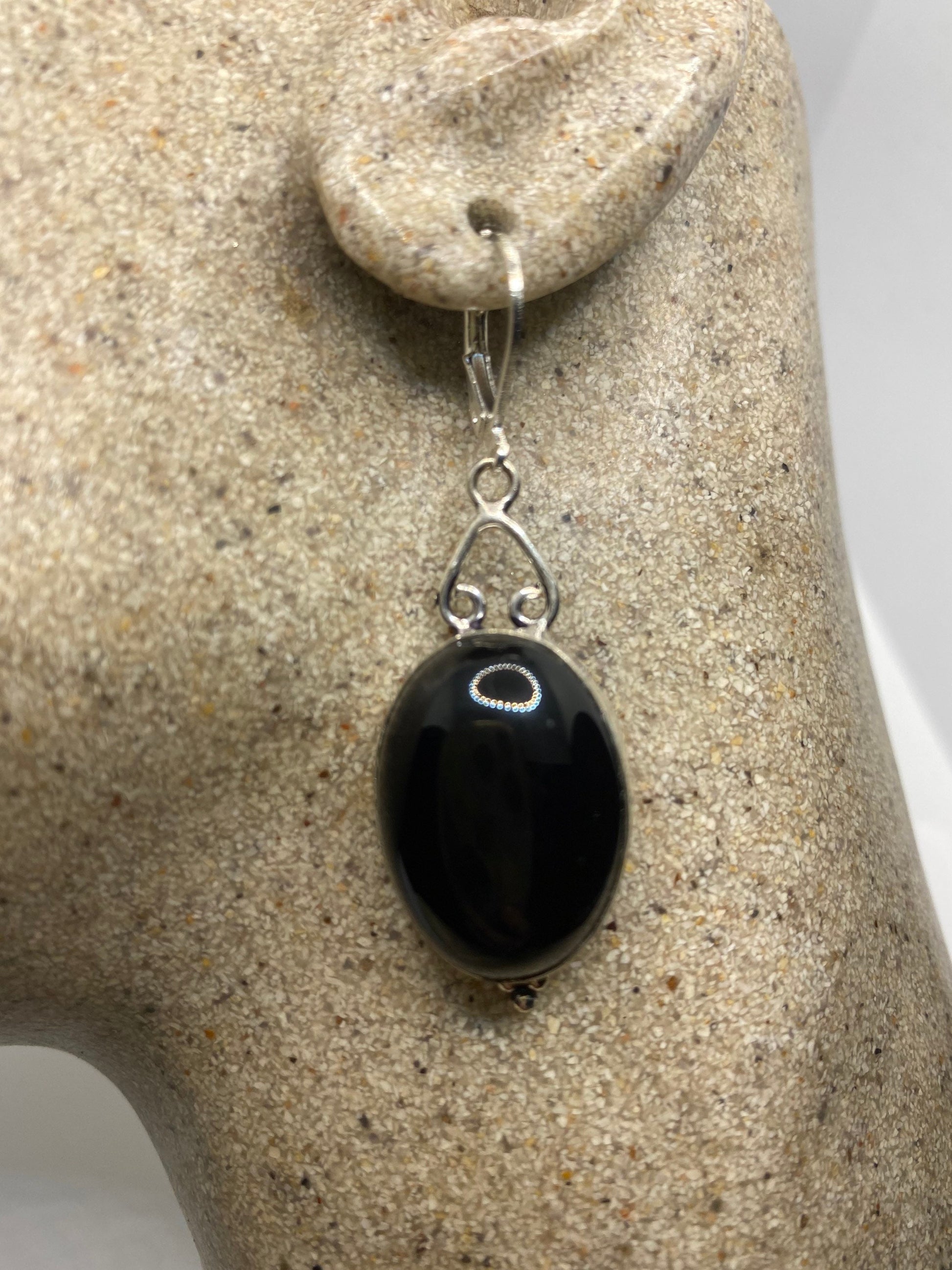 Antique Vintage Black Onyx 925 Silver Dangle LeverBack Earrings