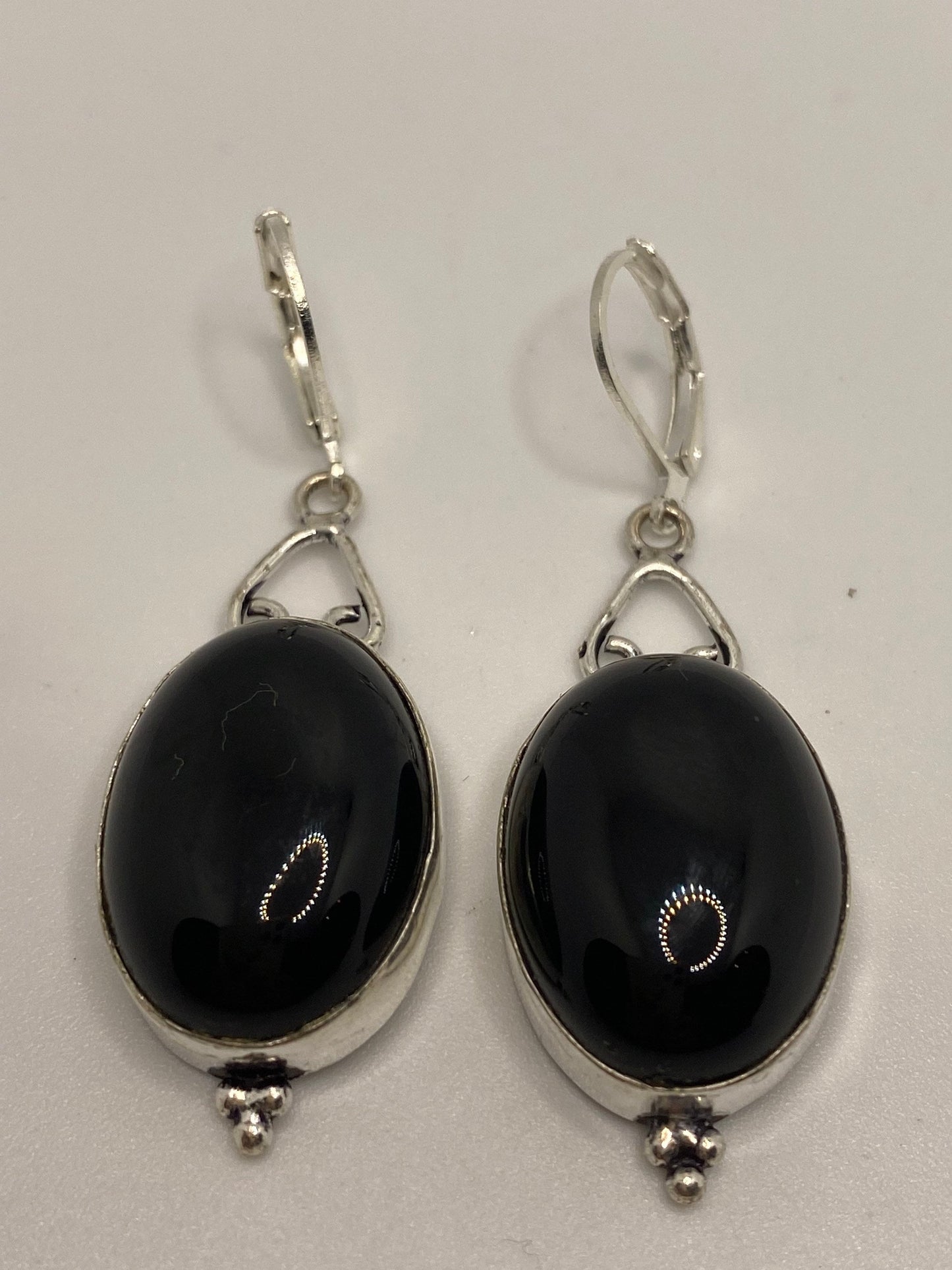 Antique Vintage Black Onyx 925 Silver Dangle LeverBack Earrings