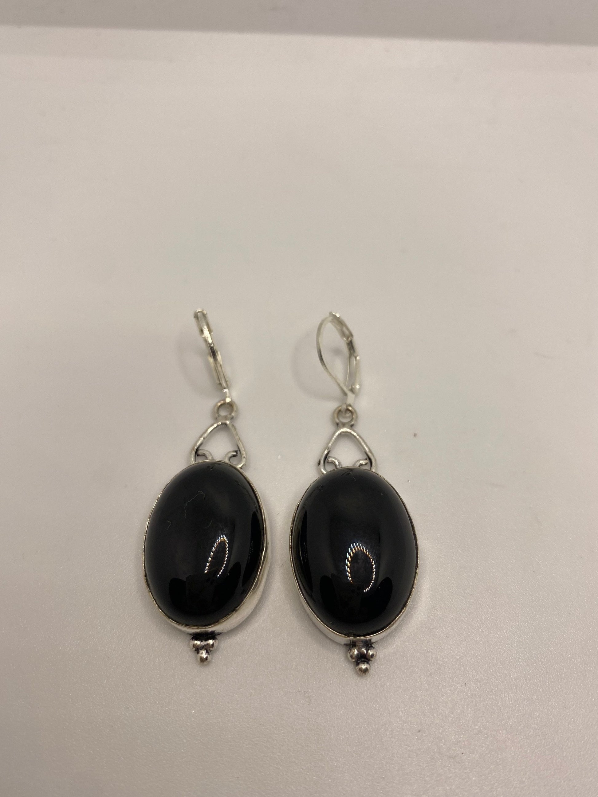 Antique Vintage Black Onyx 925 Silver Dangle LeverBack Earrings