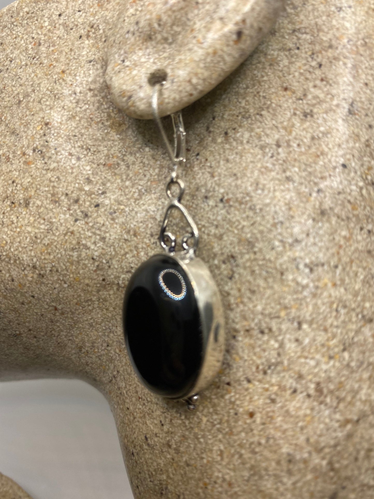 Antique Vintage Black Onyx 925 Silver Dangle LeverBack Earrings