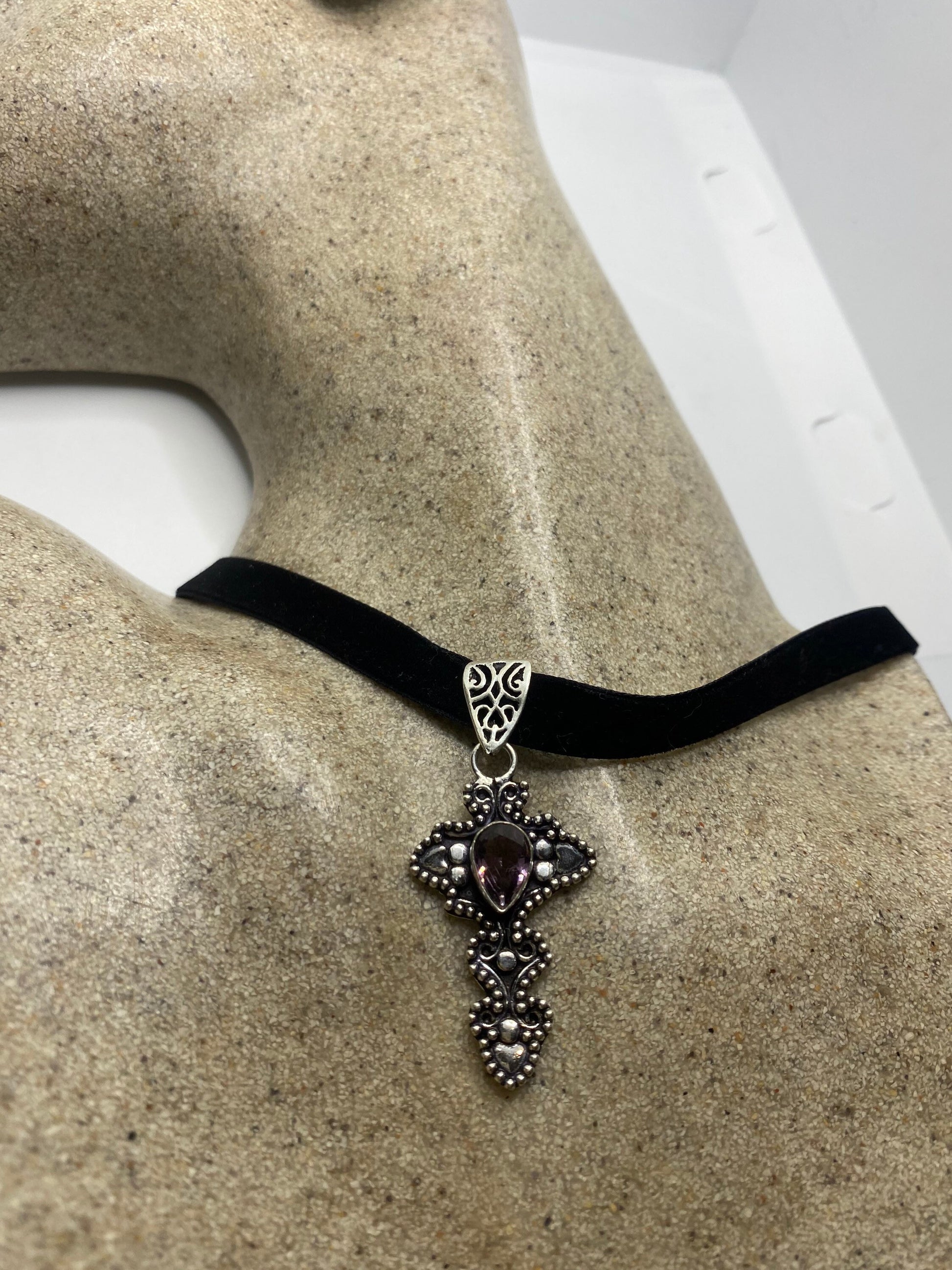 Vintage Purple Amethyst Cross Choker Black Velvet Ribbon Pendant