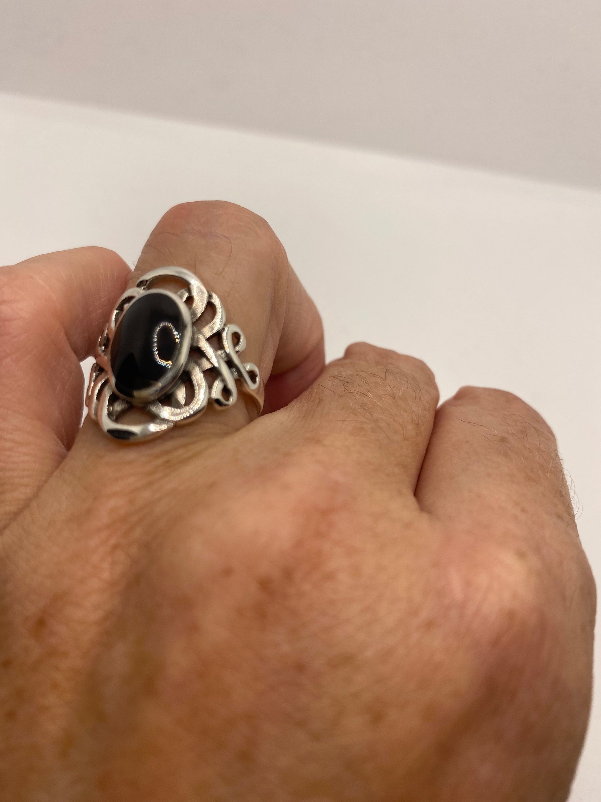 Vintage Celtic Genuine Black Onyx 925 Sterling Silver Ring