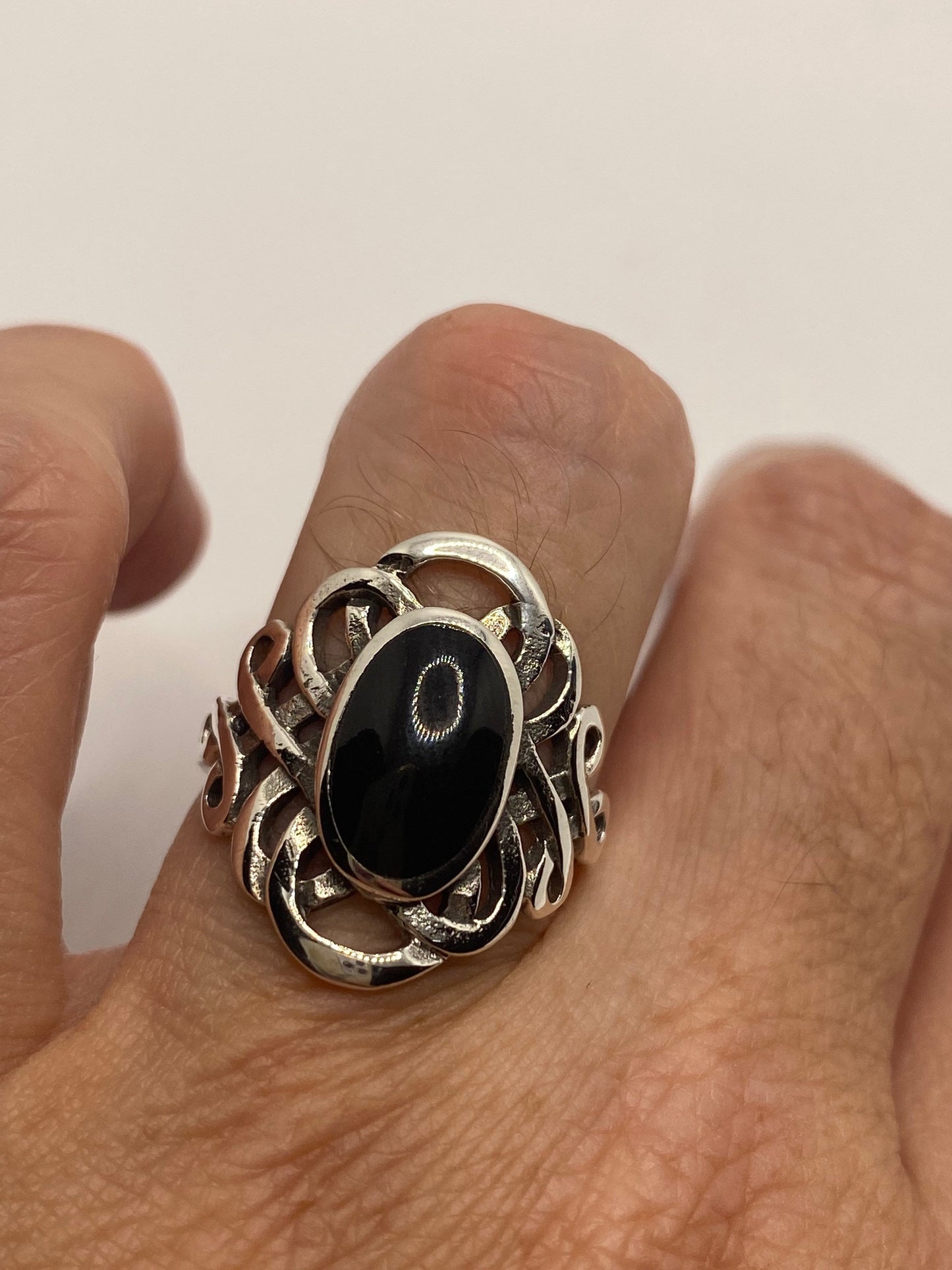 Vintage Celtic Genuine Black Onyx 925 Sterling Silver Ring