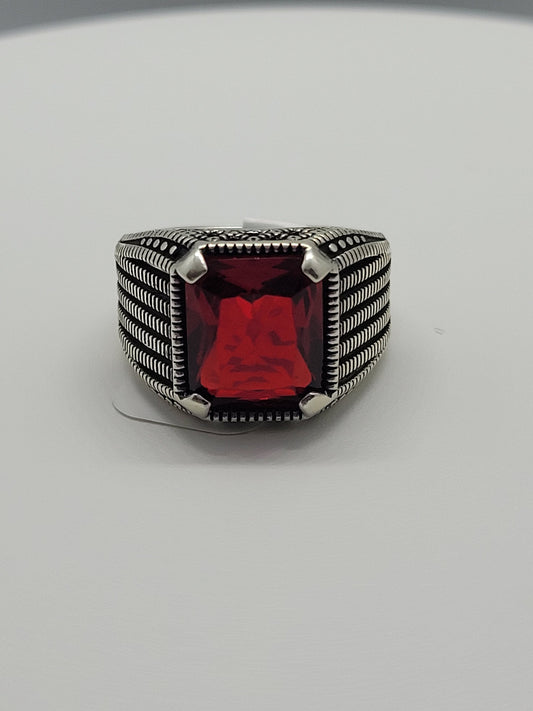 Vintage Ruby Glass Mens Ring in 925 Sterling Silver Modern Styled with Ruby Glass
