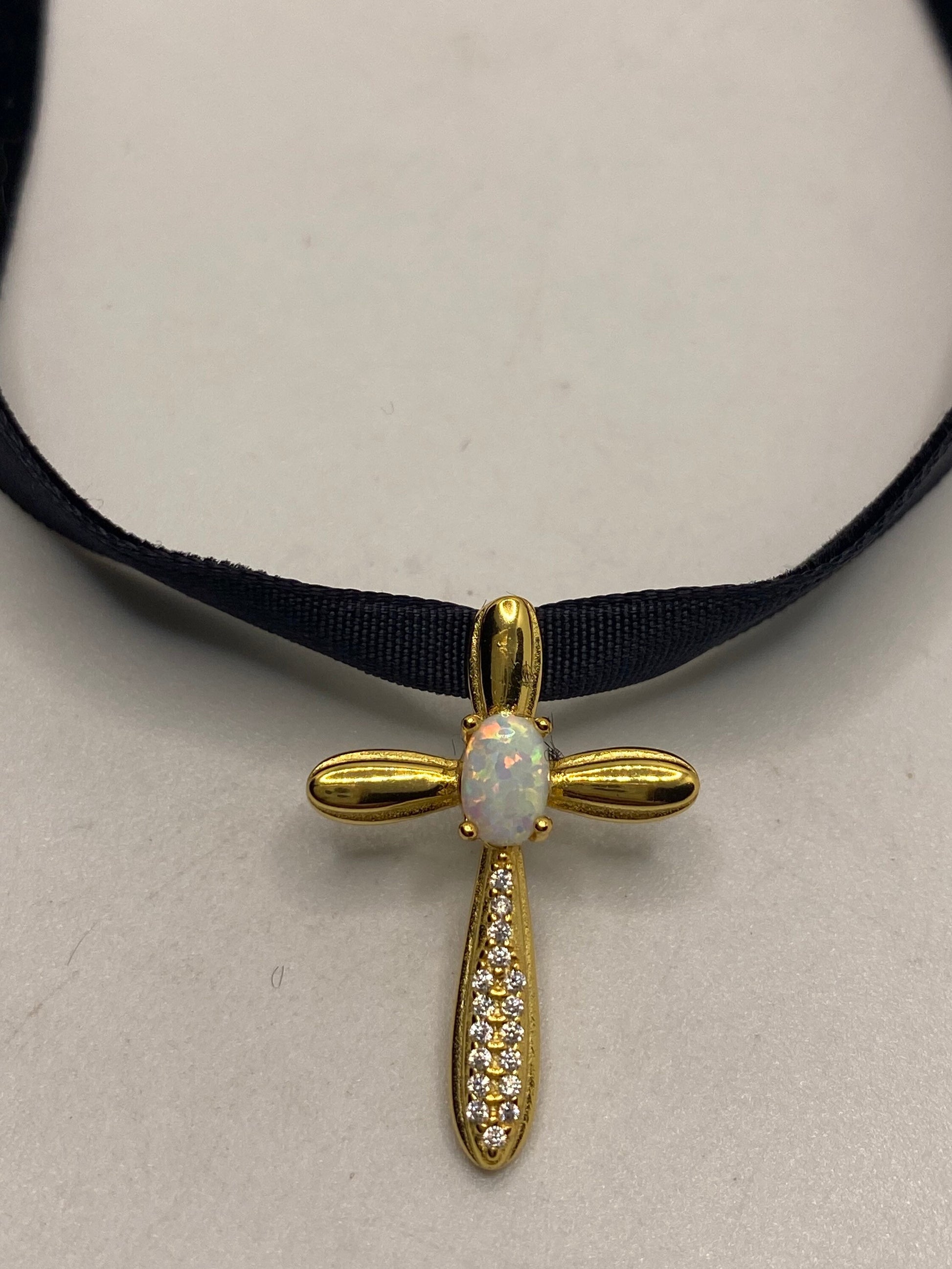 Vintage White Opal Cross Choker Golden 925 Sterling Silver Pendant Necklace