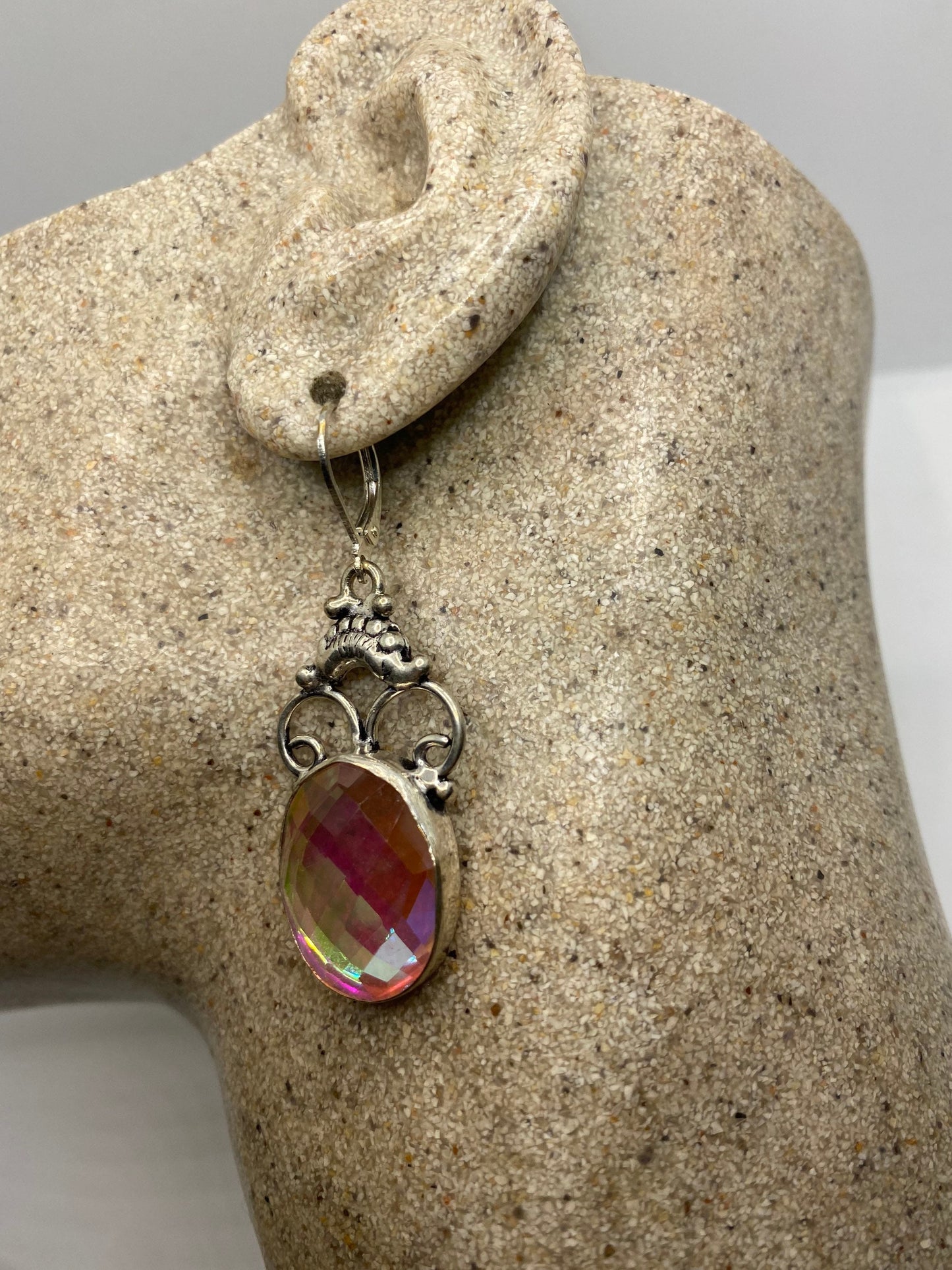 Antique Vintage Blue Pink Opal Glass Silver Dangle Earrings