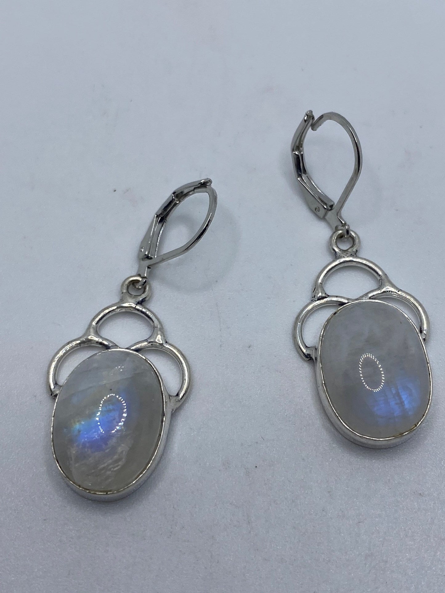 Vintage Rainbow Moonstone Sterling Silver Lever Back Dangle Earrings