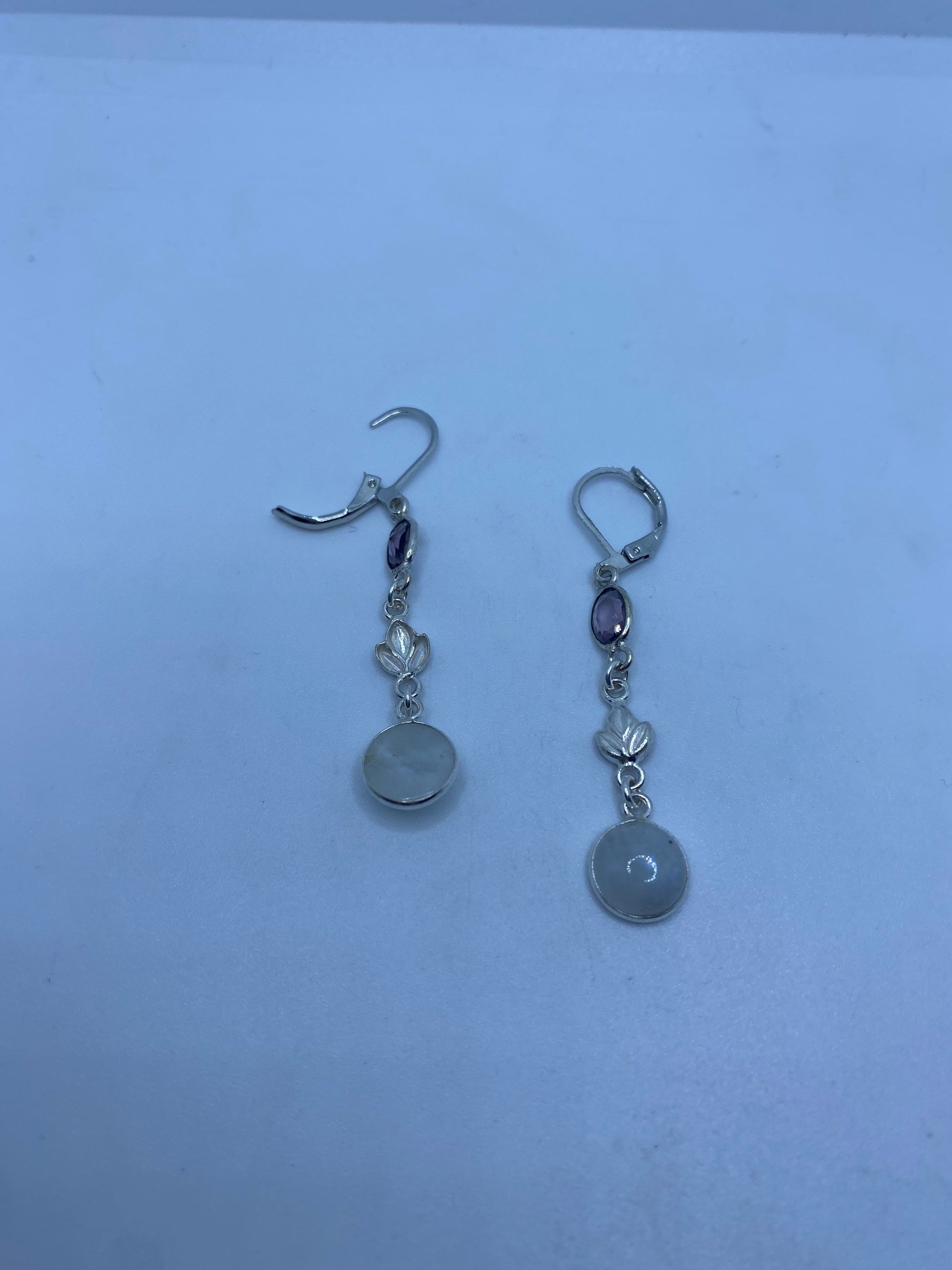 Vintage Rainbow Moonstone Sterling Silver Lever Back Dangle Earrings