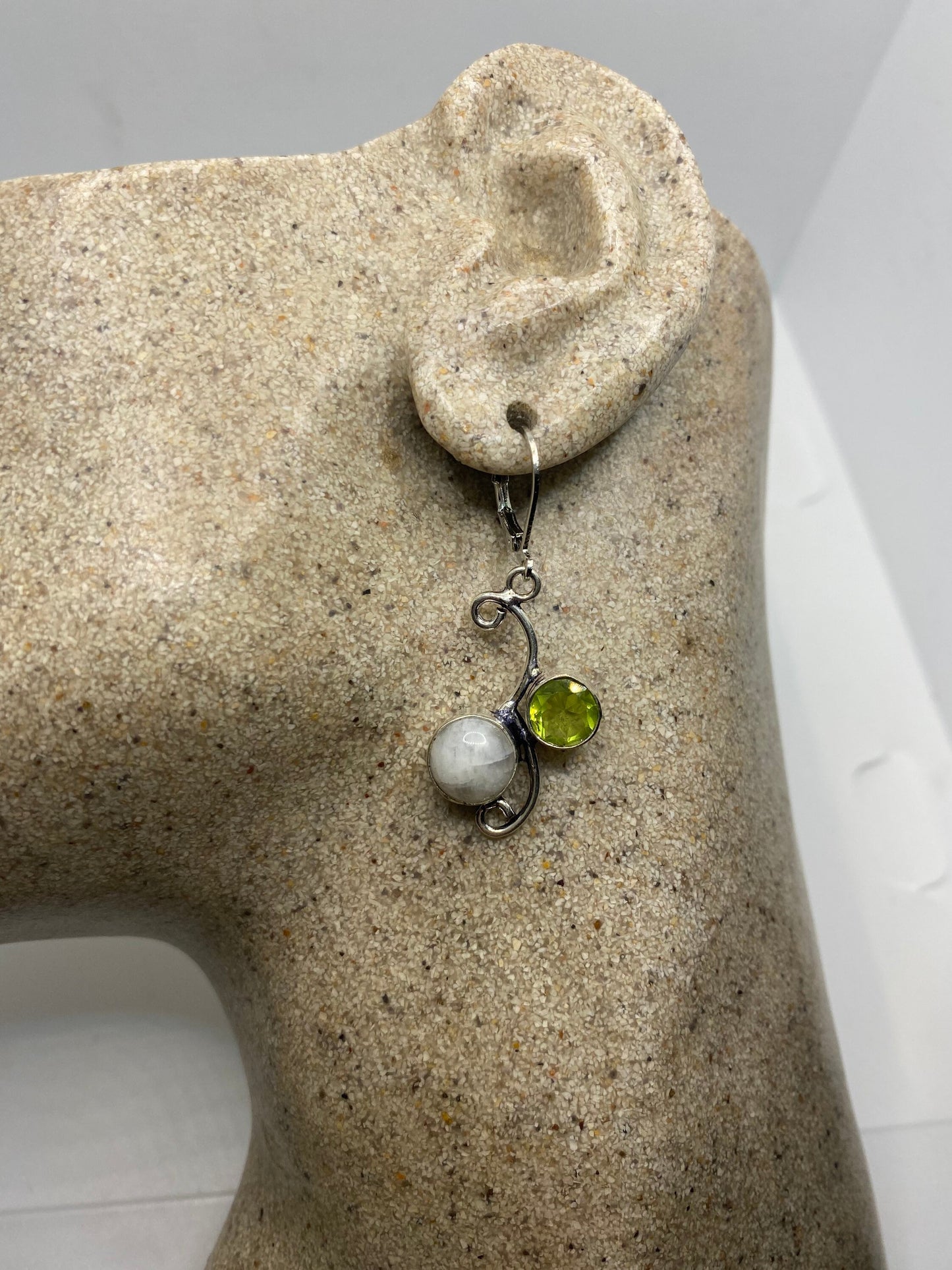 Vintage Rainbow Moonstone Peridot Sterling Silver Lever Back Dangle Earrings