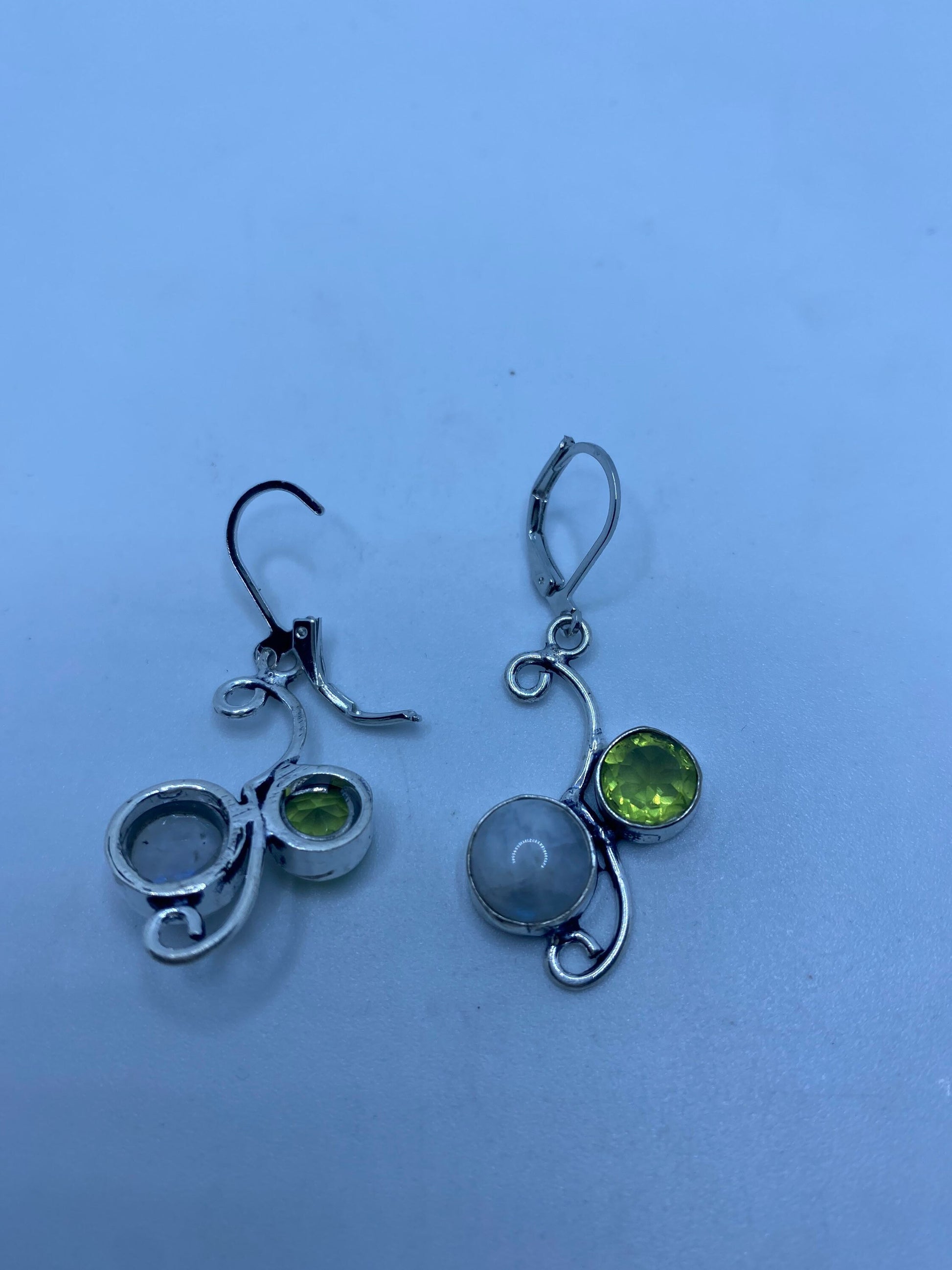 Vintage Rainbow Moonstone Peridot Sterling Silver Lever Back Dangle Earrings