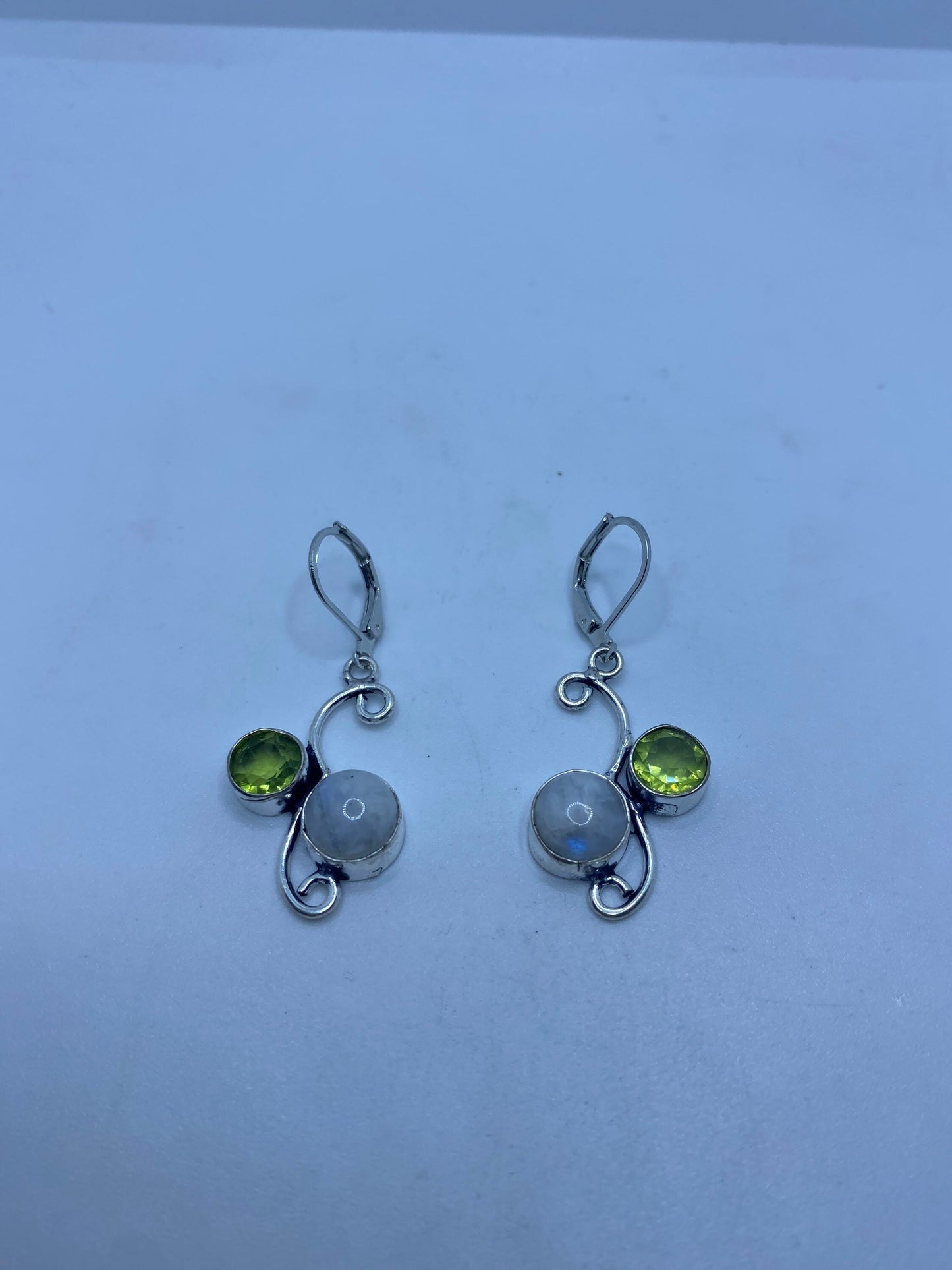 Vintage Rainbow Moonstone Peridot Sterling Silver Lever Back Dangle Earrings