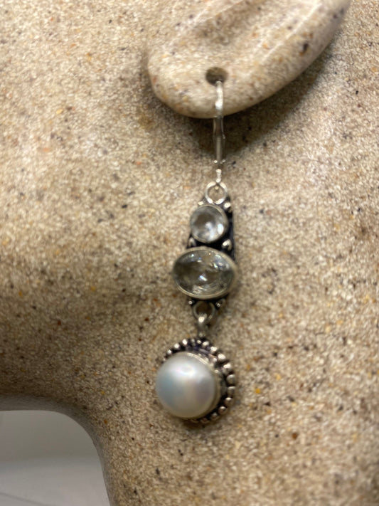 Vintage Genuine Pearl Sterling Silver Dangle Earrings