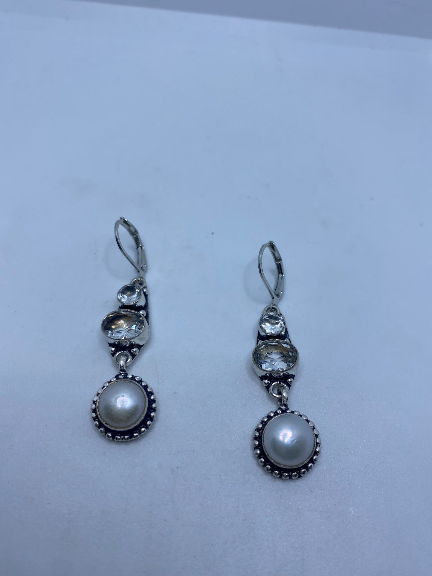 Vintage Genuine Pearl Sterling Silver Dangle Earrings