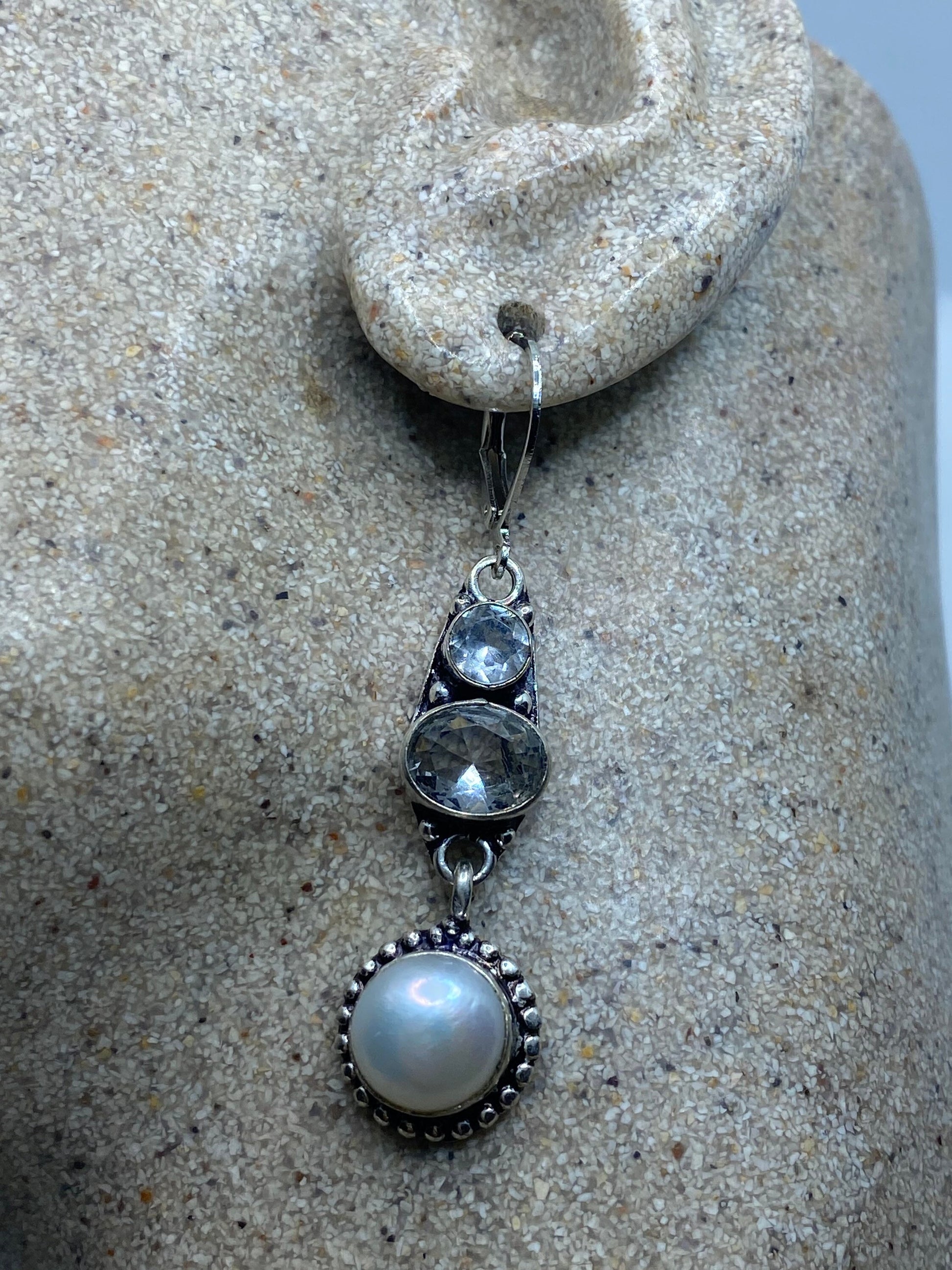 Vintage Genuine Pearl Sterling Silver Dangle Earrings