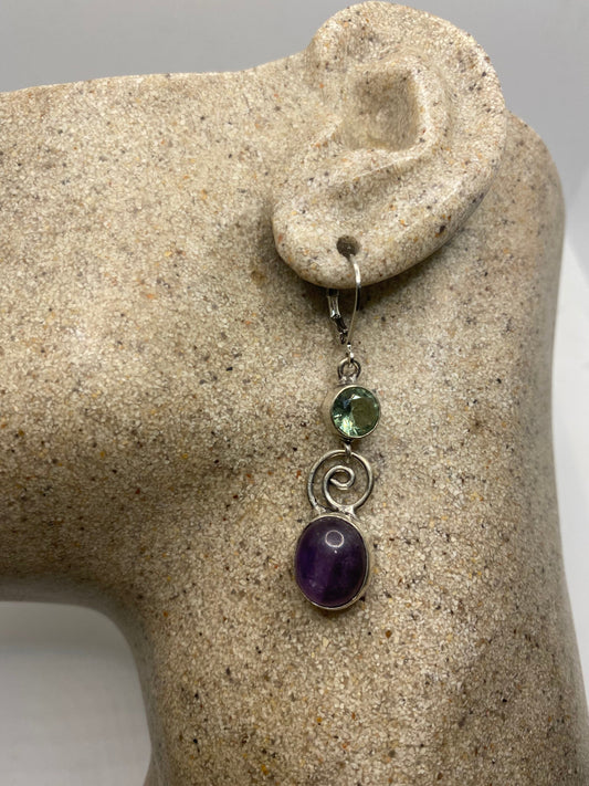 Vintage Purple Amethyst Green fluorite Earrings 925 Sterling Silver Leverback Chandelier