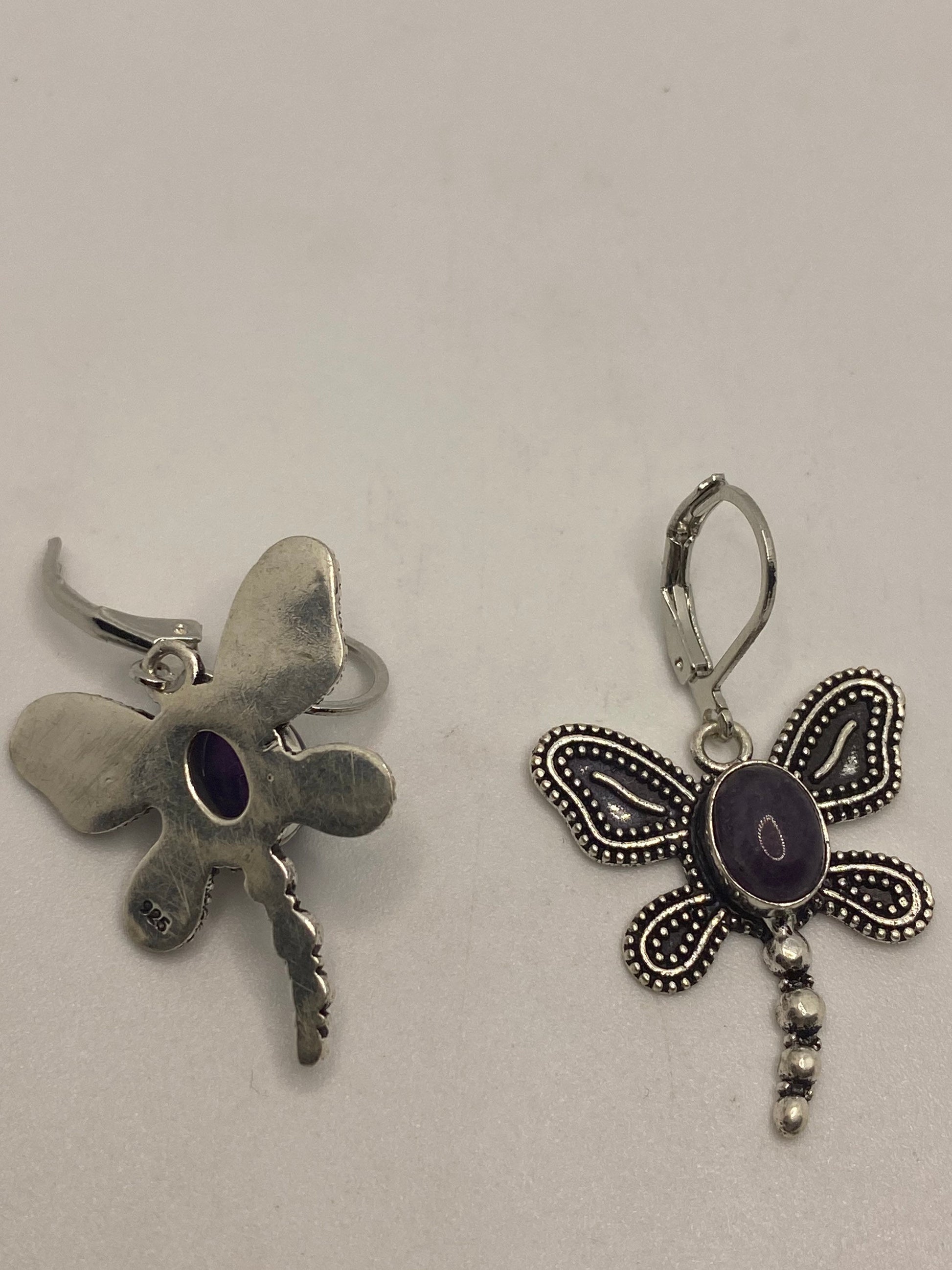 Vintage Purple Amethyst dragonfly Earrings 925 Sterling Silver Leverback Chandelier