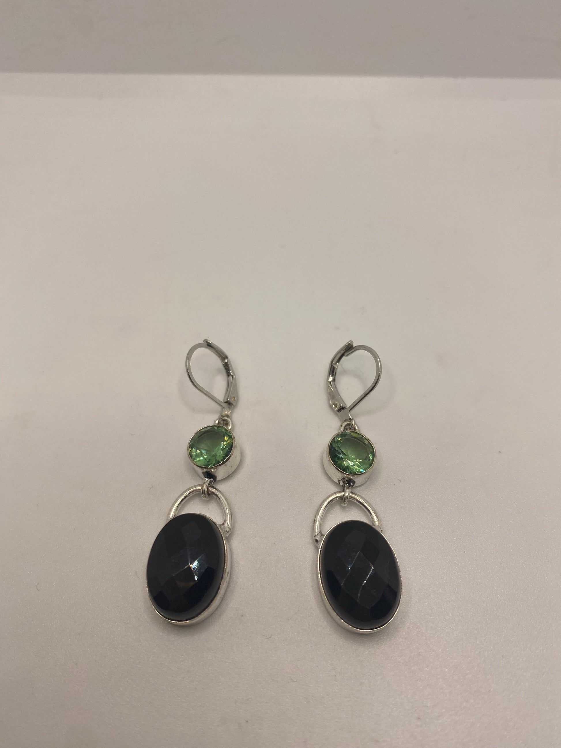 Vintage Black Onyx Green Peridot Earrings 925 Sterling Silver Deco Dangle Chandelier