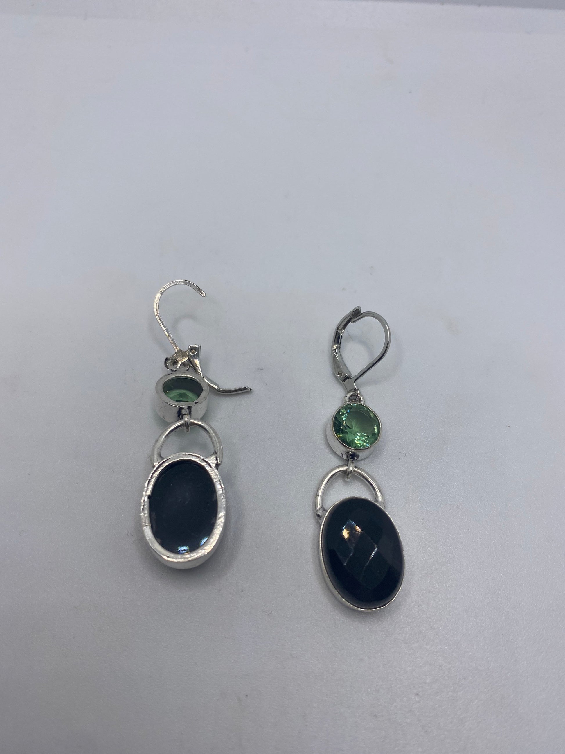 Vintage Black Onyx Green Peridot Earrings 925 Sterling Silver Deco Dangle Chandelier