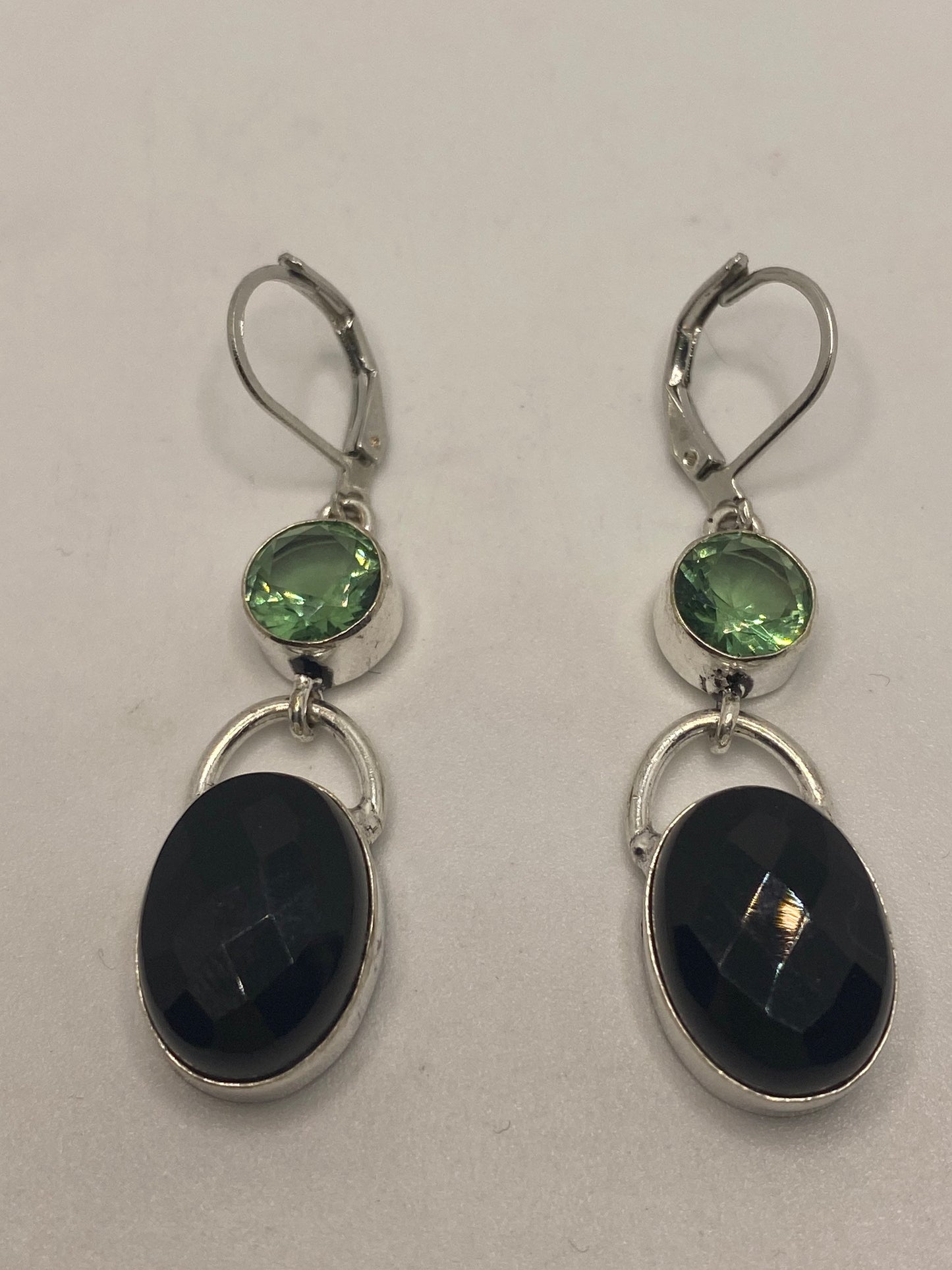 Vintage Black Onyx Green Peridot Earrings 925 Sterling Silver Deco Dangle Chandelier