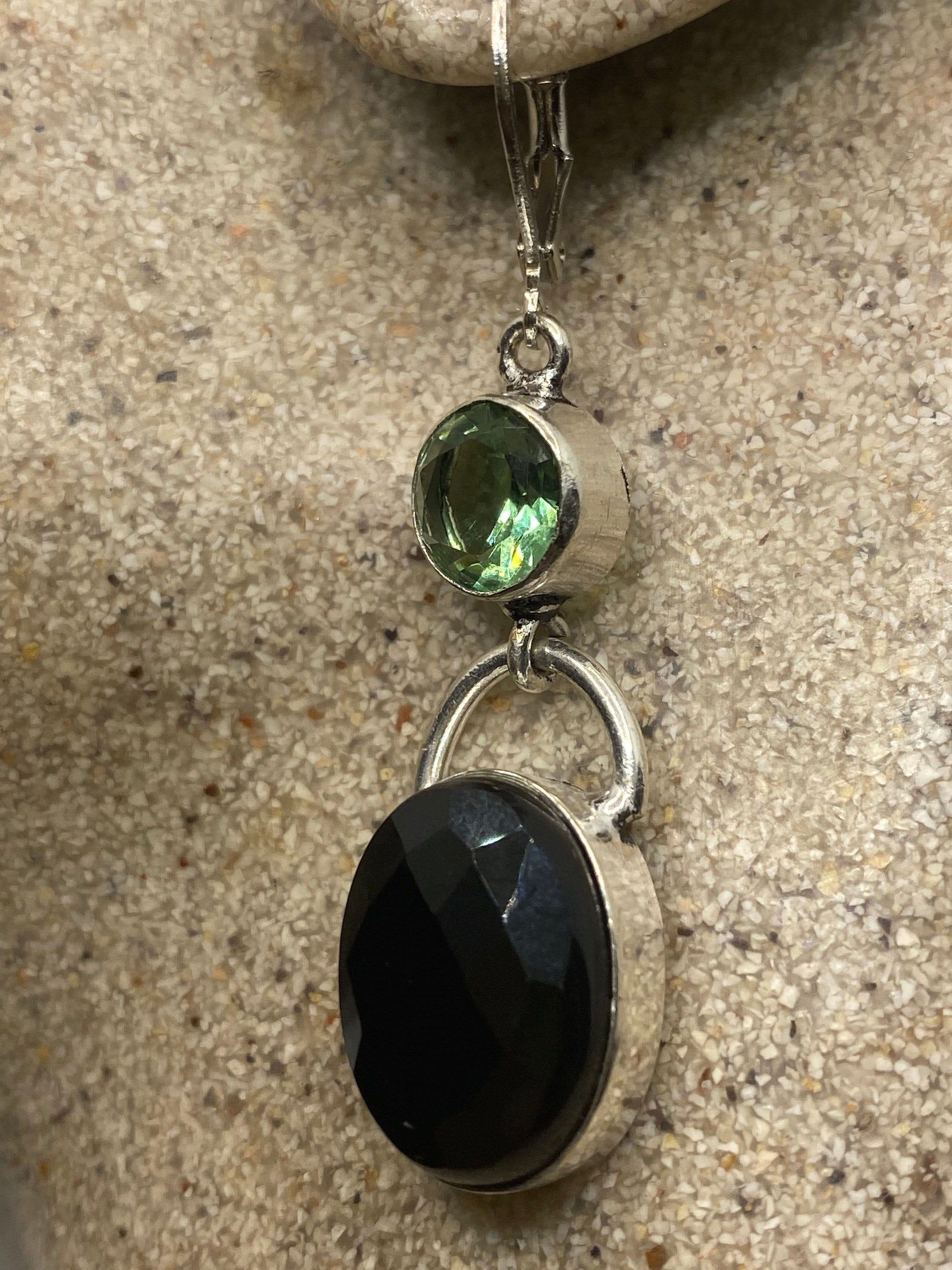 Vintage Black Onyx Green Peridot Earrings 925 Sterling Silver Deco Dangle Chandelier