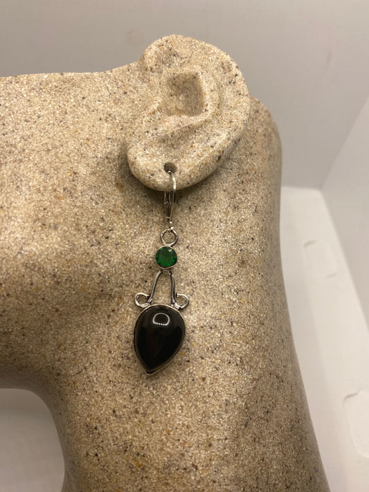 Vintage Black Onyx Green Peridot Earrings 925 Sterling Silver Deco Dangle Chandelier