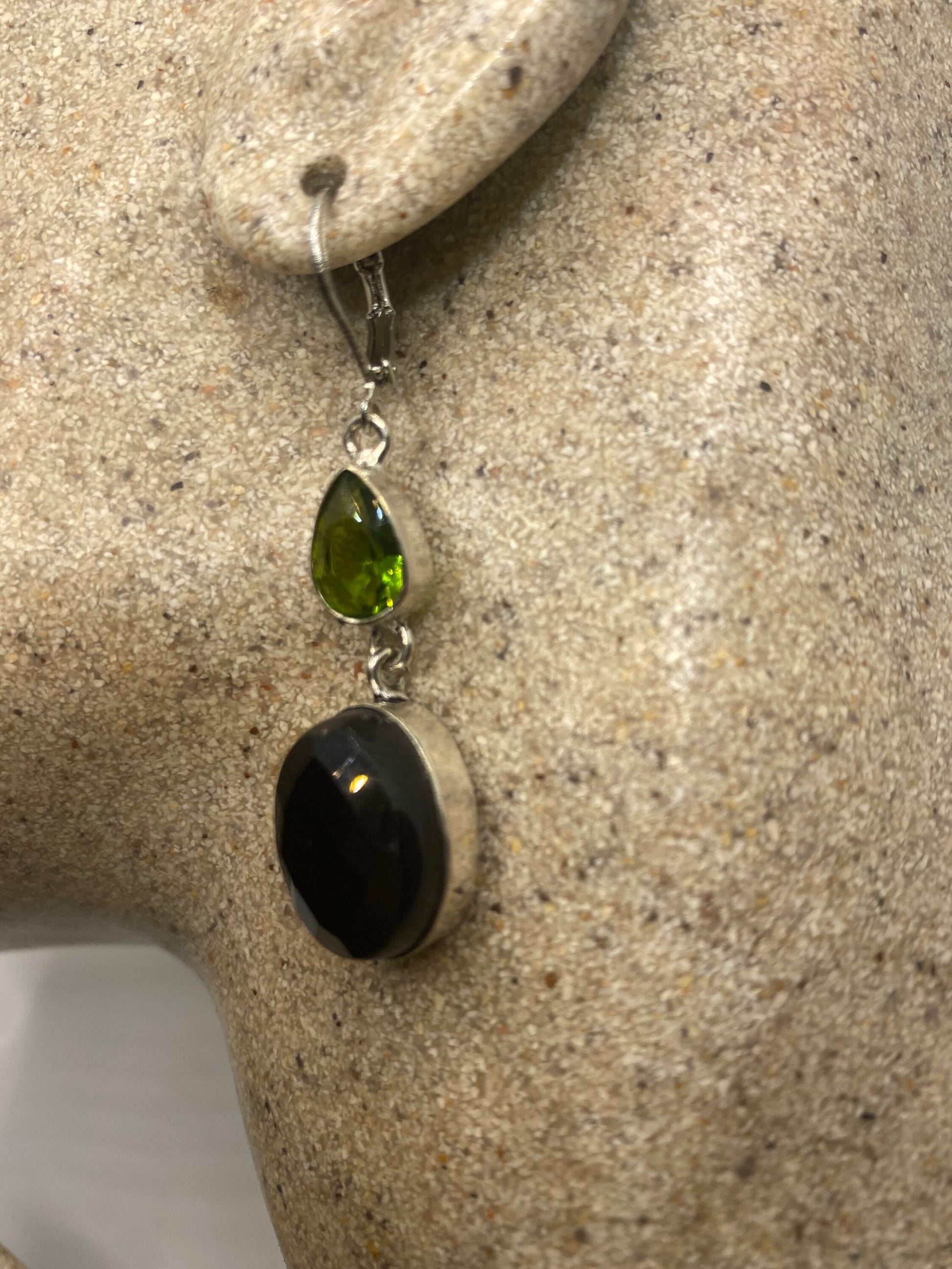 Vintage Black Onyx Green Peridot Earrings 925 Sterling Silver Deco Dangle Chandelier