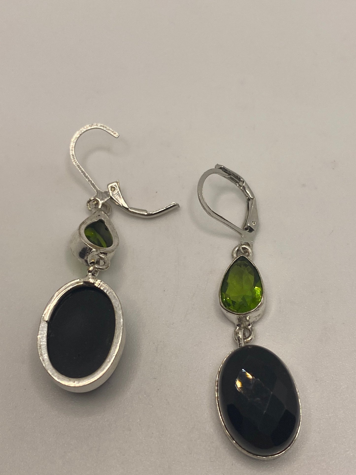 Vintage Black Onyx Green Peridot Earrings 925 Sterling Silver Deco Dangle Chandelier