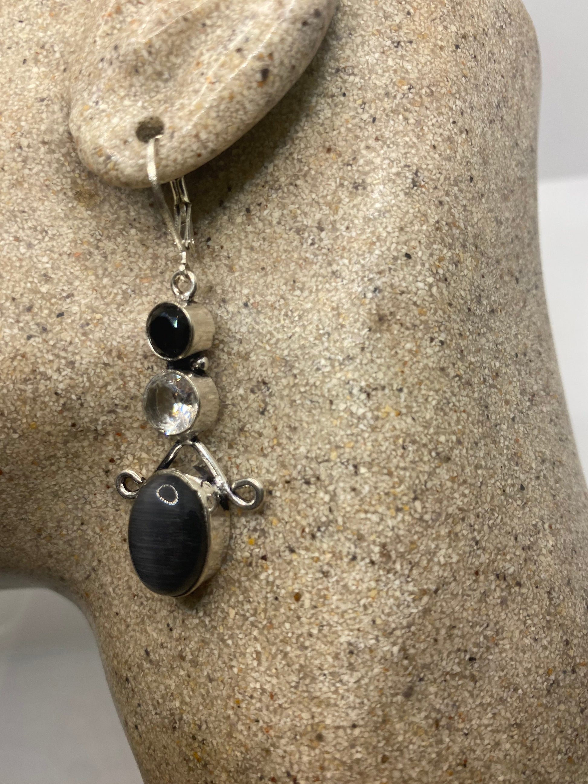 Vintage Lab Black Cats Eye 925 Sterling Silver Deco Dangle Earrings